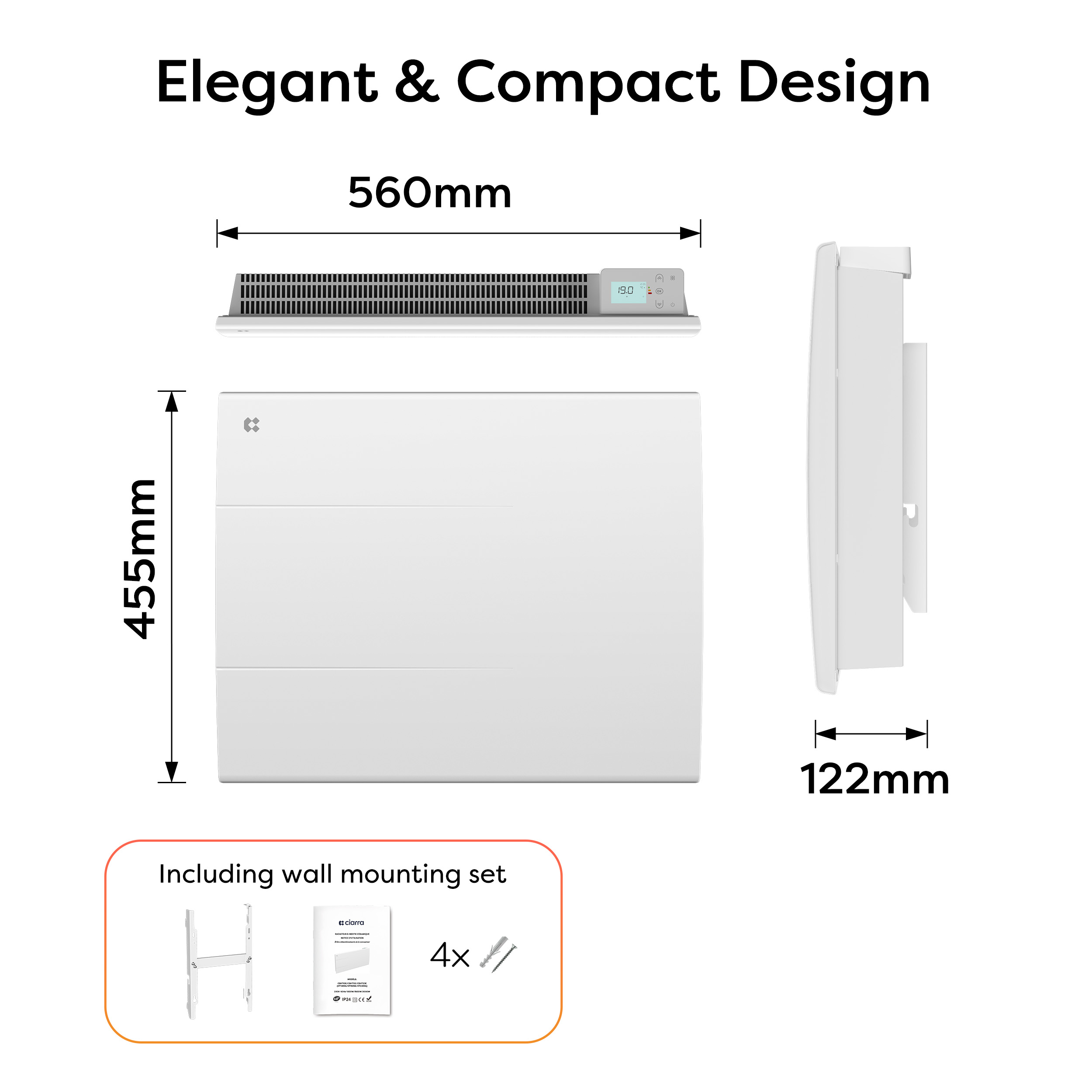 Dessin technique d'un chauffage blanc de dimensions 560x455x122mm avec kit de fixation murale.