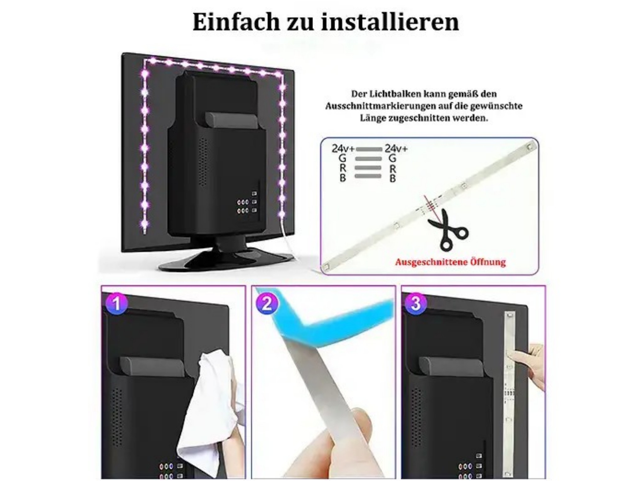 Anleitung zur Installation von LED-Streifen hinten am Fernseher in drei Schritten.