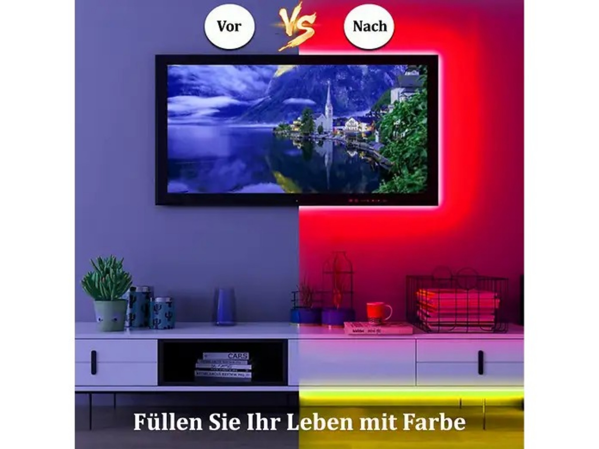 Vergleich eines Fernsehers ohne und mit roter und gelber LED-Hintergrundbeleuchtung.