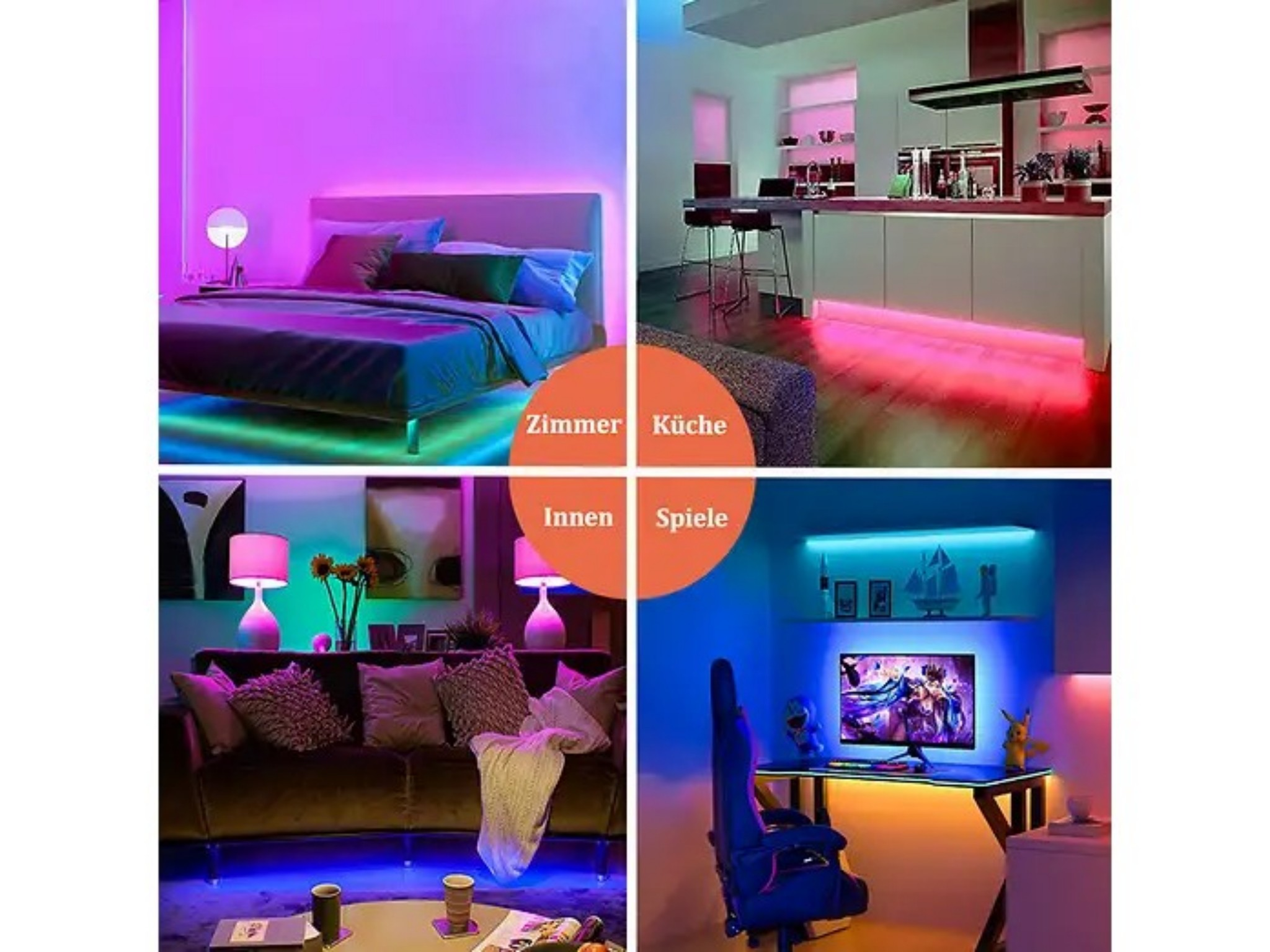 Vier Bilder zeigen LED-Lichtstreifen in verschiedenen Räumen wie Schlafzimmer, Küche, Wohnzimmer und Gaming-Setup.