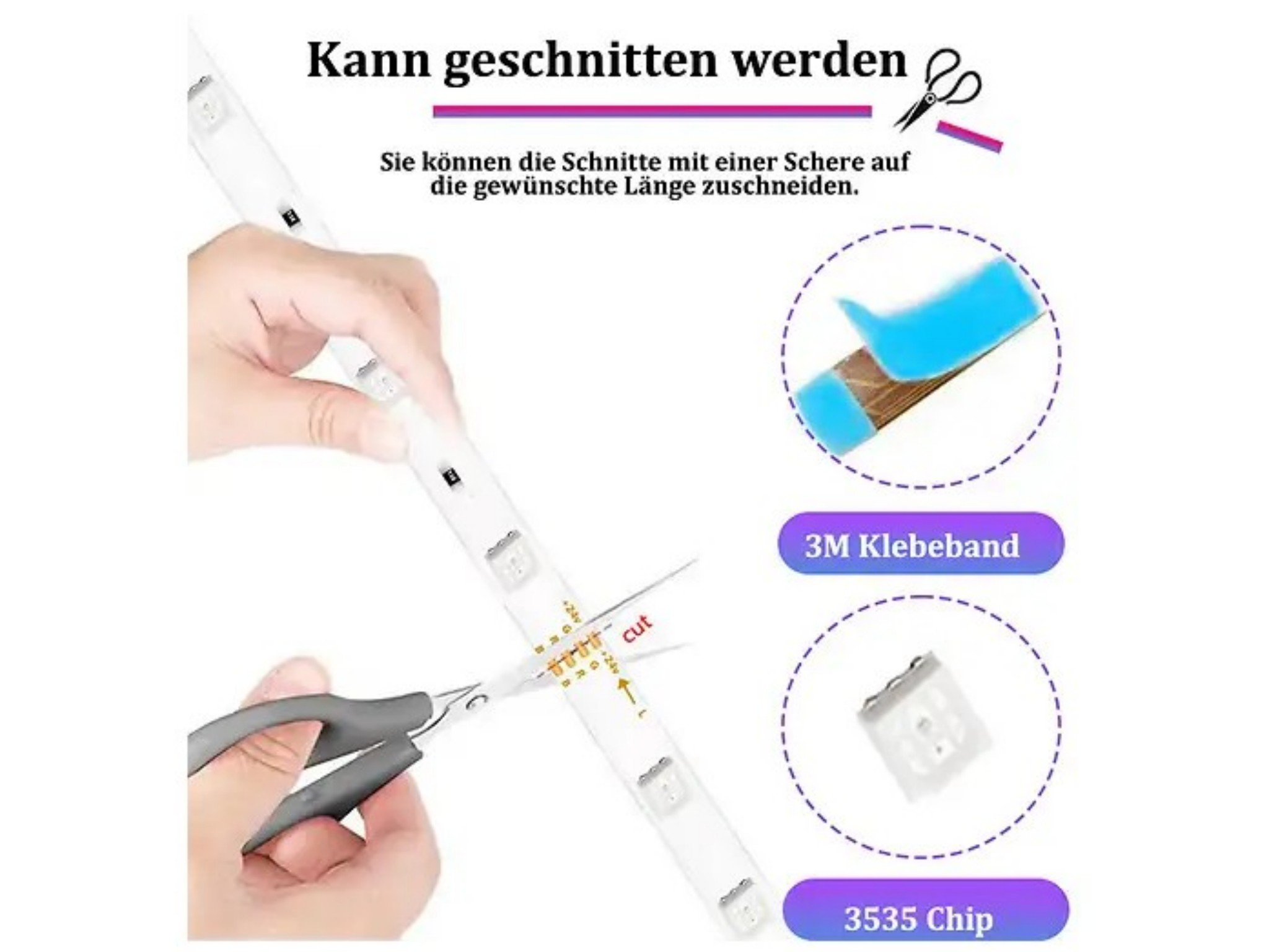 Ein Bild zeigt, wie eine LED-Lichtleiste mit einer Schere auf Maß geschnitten wird.