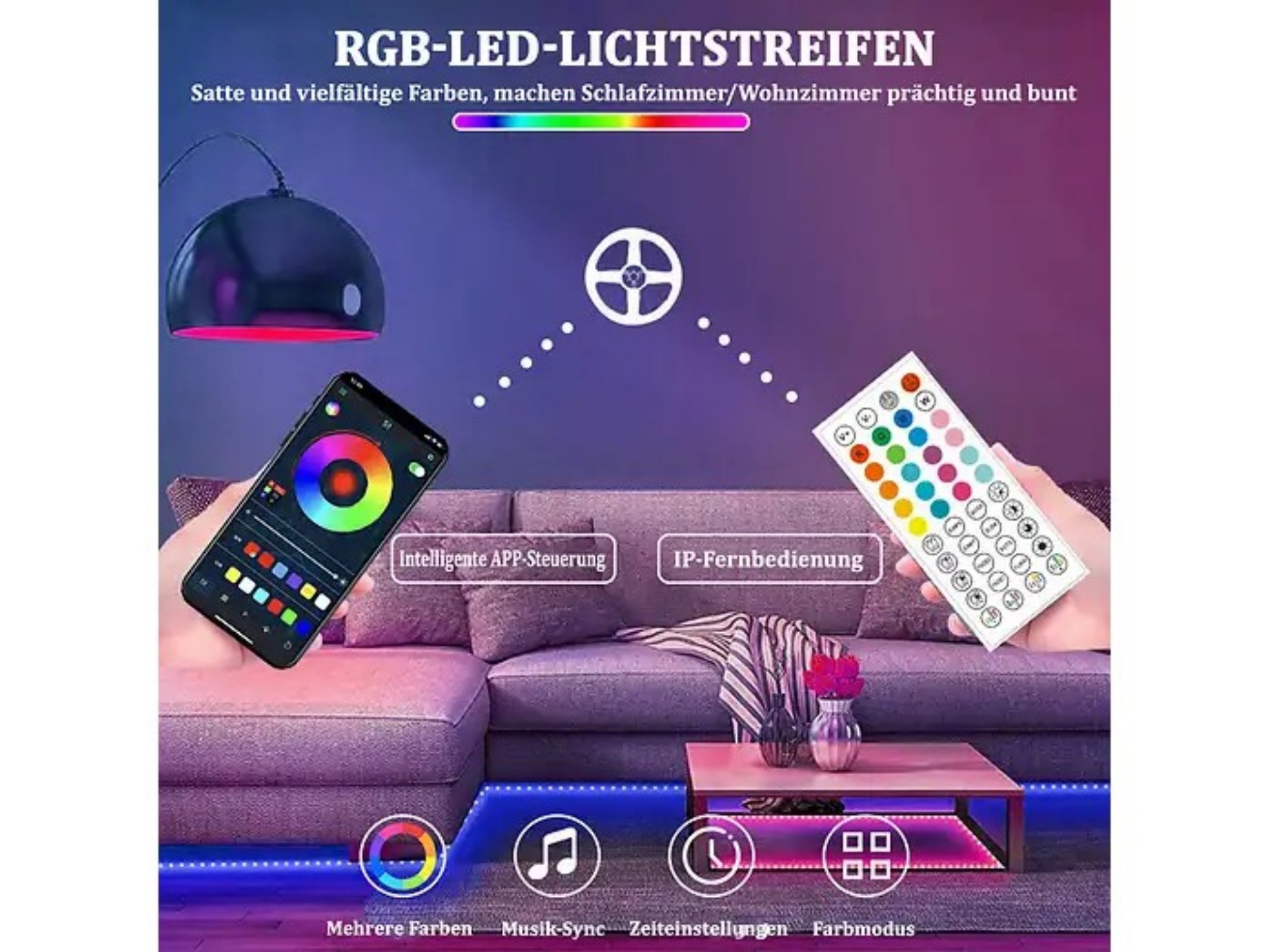 RGB-LED-Lichtstreifen gesteuert per Smartphone und Fernbedienung im modernen Wohnzimmer.
