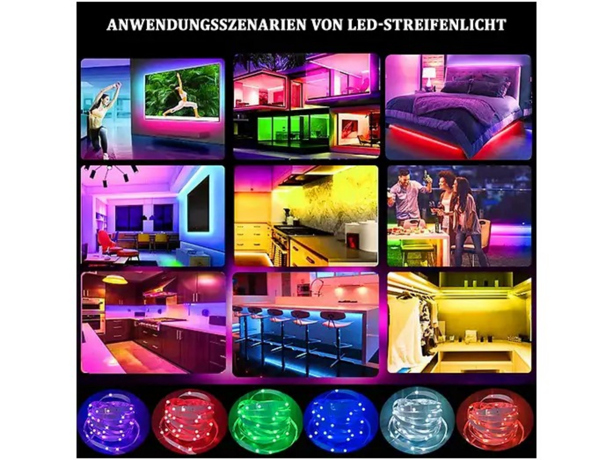 Verschiedene Anwendungsszenarien von bunten LED-Streifenlichtern in Wohnungen und Zimmern.