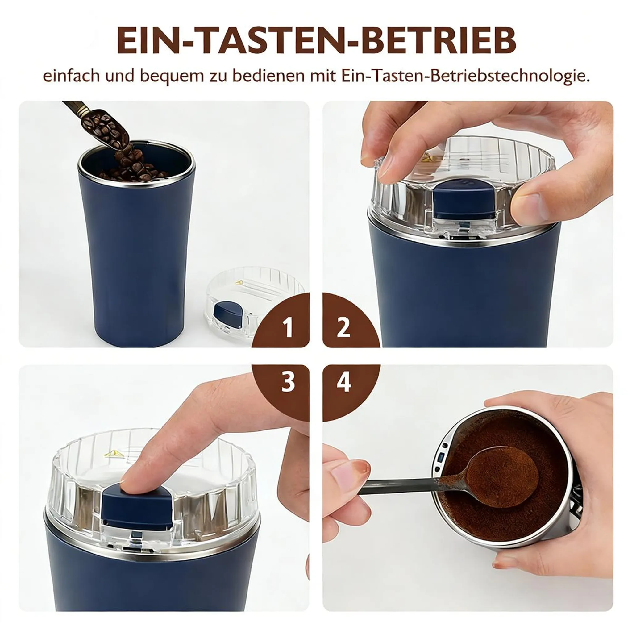 Vier Schritte zur Bedienung einer blauen elektrischen Kaffeemühle mit Ein-Tasten-Technologie.