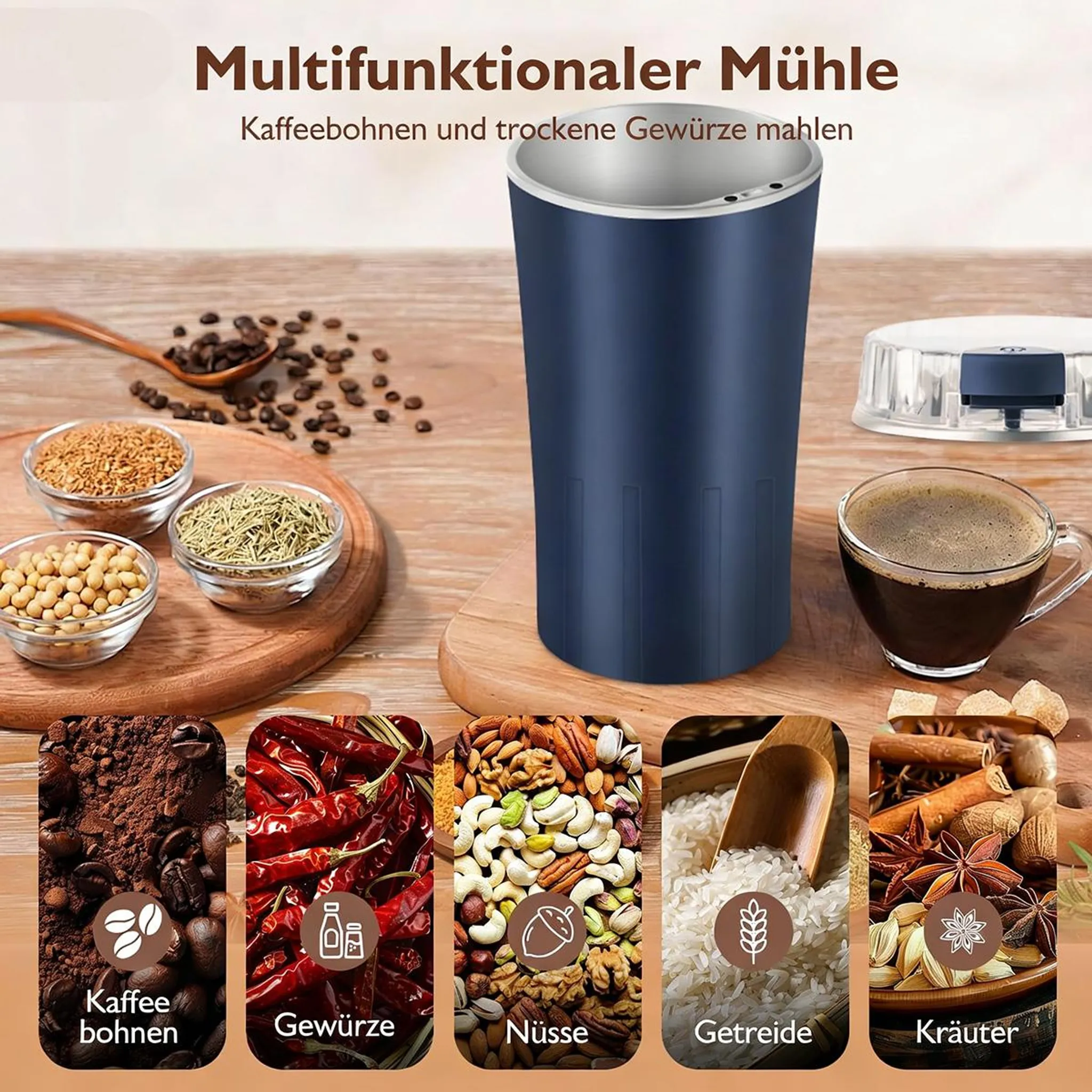 Eine blaue elektrische Mühle auf Holztisch, umgeben von Kaffeebohnen, Gewürzen, Nüssen, Getreide und Kaffee.