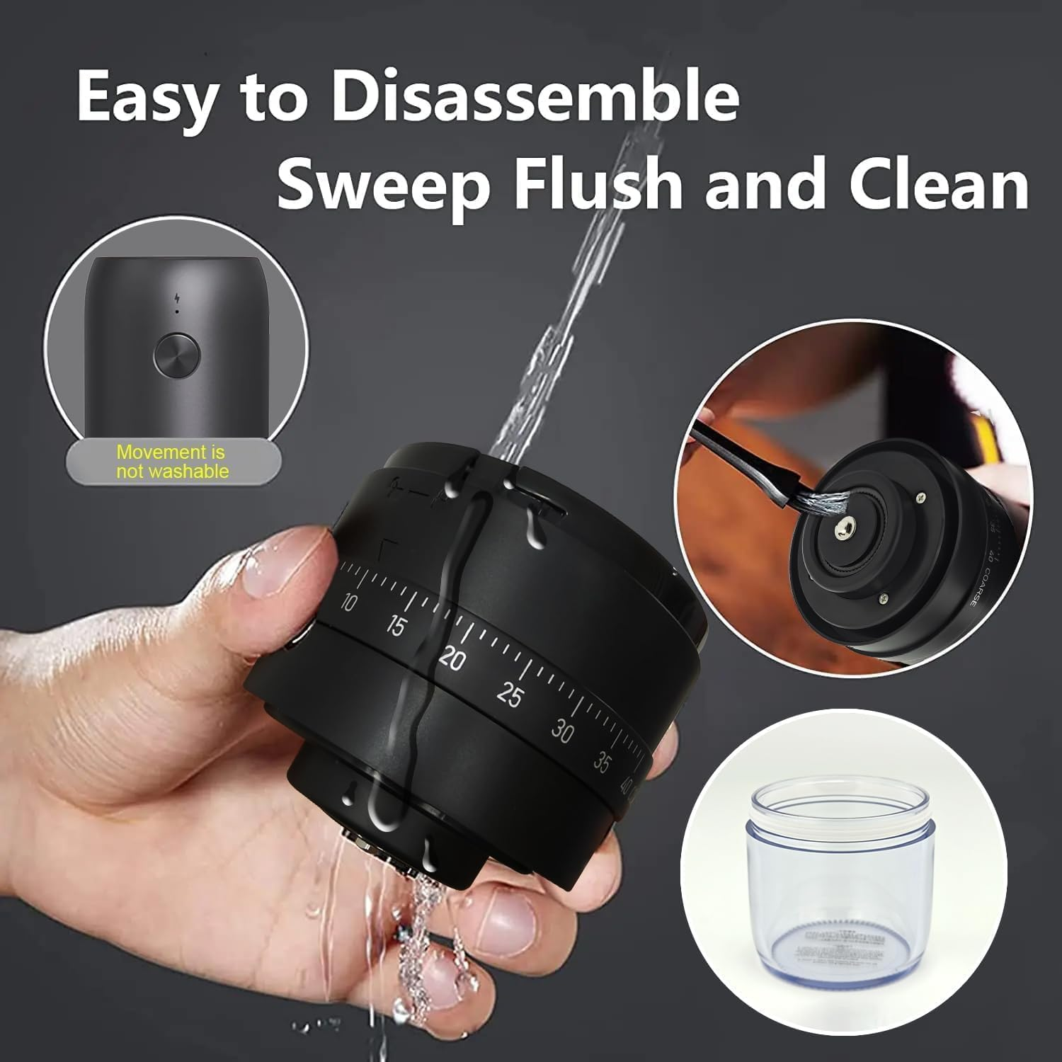 Hand wäscht schwarze Kaffeemühle mit Wasser. Inset-Bilder zeigen Reinigung und Teile.