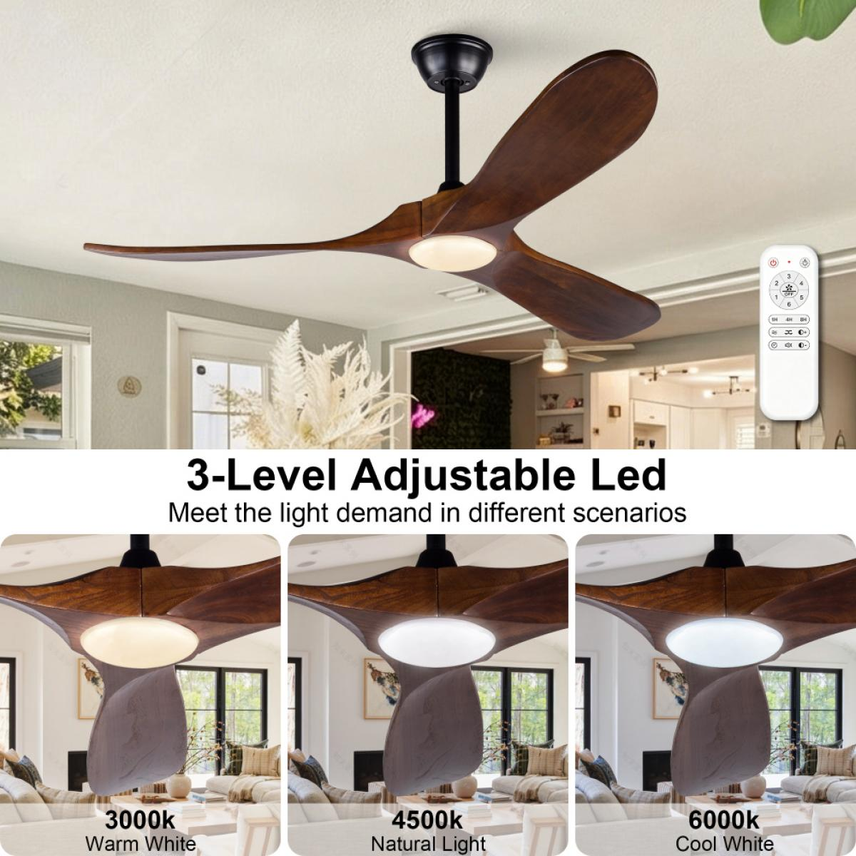 Ein Deckenventilator aus Holz mit drei Flügeln und integrierter LED-Leuchte in drei Farbtönen.