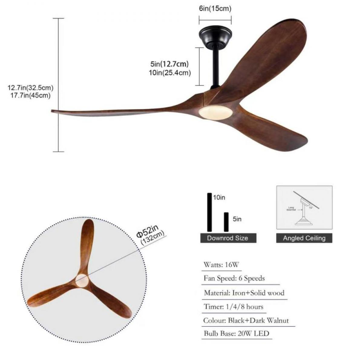 Diagramm eines Deckenventilators aus Holz mit Maßen, Downrod-Optionen, Timer und technischen Details.