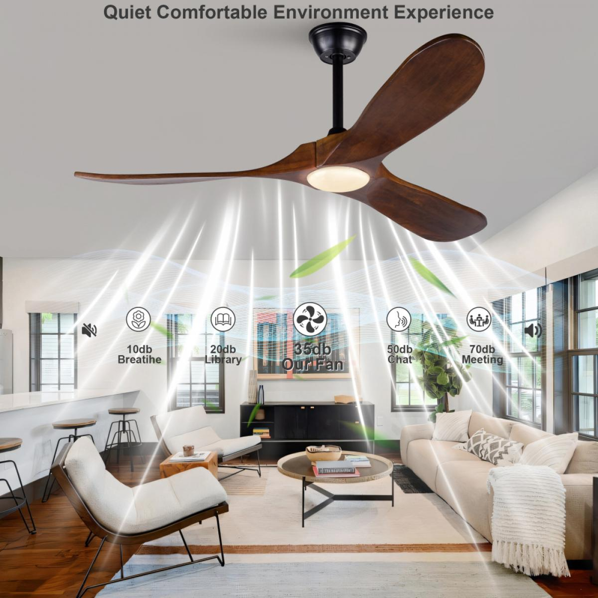 Holzdeckenventilator mit integrierter Beleuchtung in einem modernen, hellen Wohnzimmer mit Schalldarstellung.