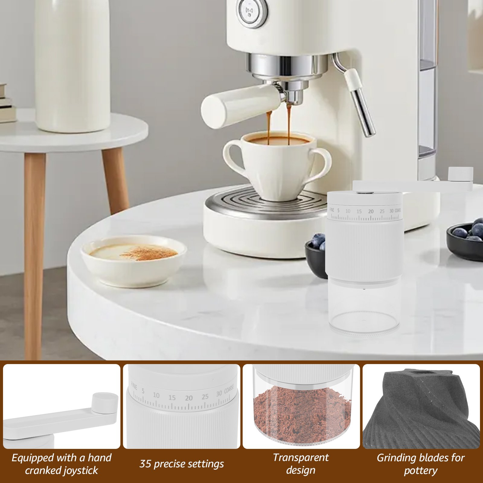 Eine weiße Espressomaschine gießt Kaffee in eine Tasse auf einem weißen Tisch, neben einer manuellen Kaffeemühle.