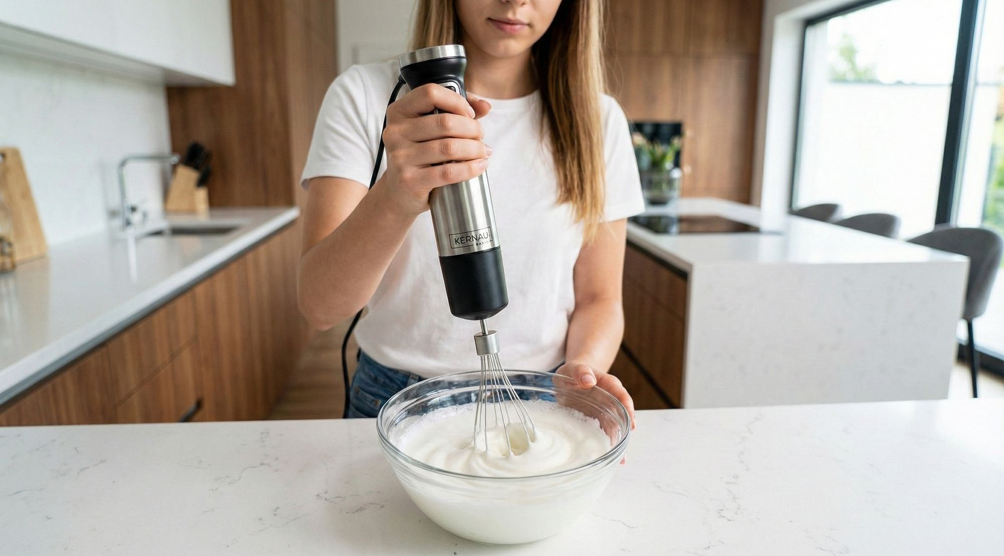 Kobieta ubija białka jaj w szklanej misce za pomocą srebrnego blender ręcznego w nowoczesnej kuchni.
