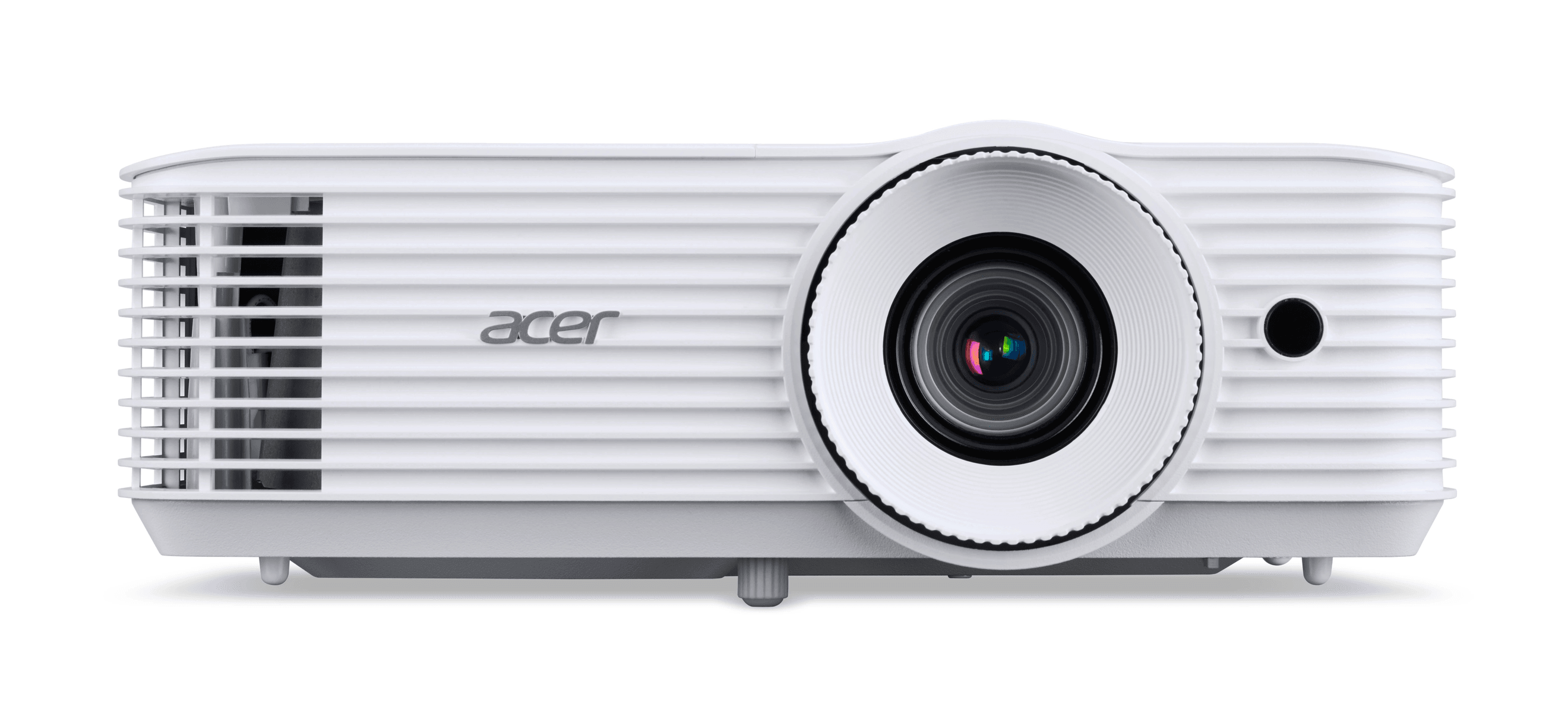 Un proiettore Acer bianco con grande lente centrale e griglie di ventilazione laterali su sfondo bianco.