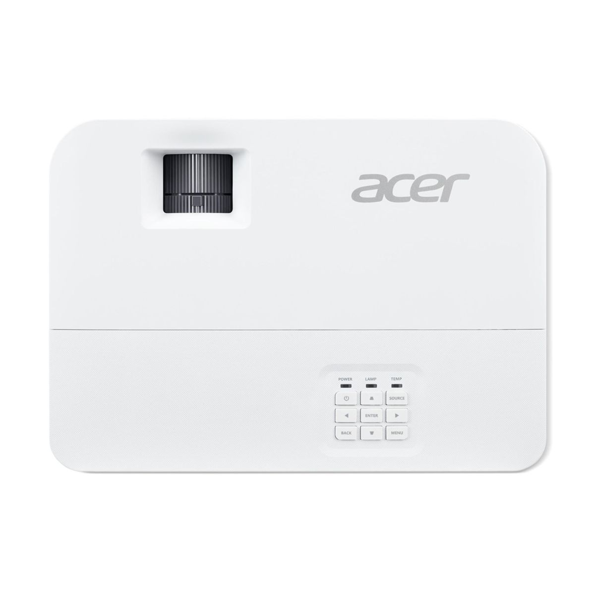 Un proiettore Acer bianco con lente incassata e pulsanti di controllo su sfondo bianco.