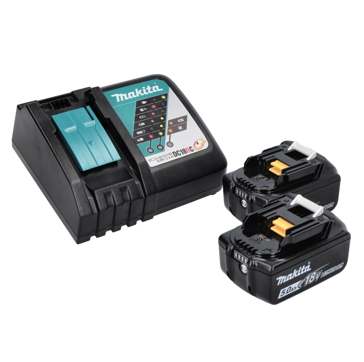 Ein Makita DC18RC Ladegerät und zwei 18V 5.0Ah Lithium-Ionen-Akkus auf weißem Hintergrund.
