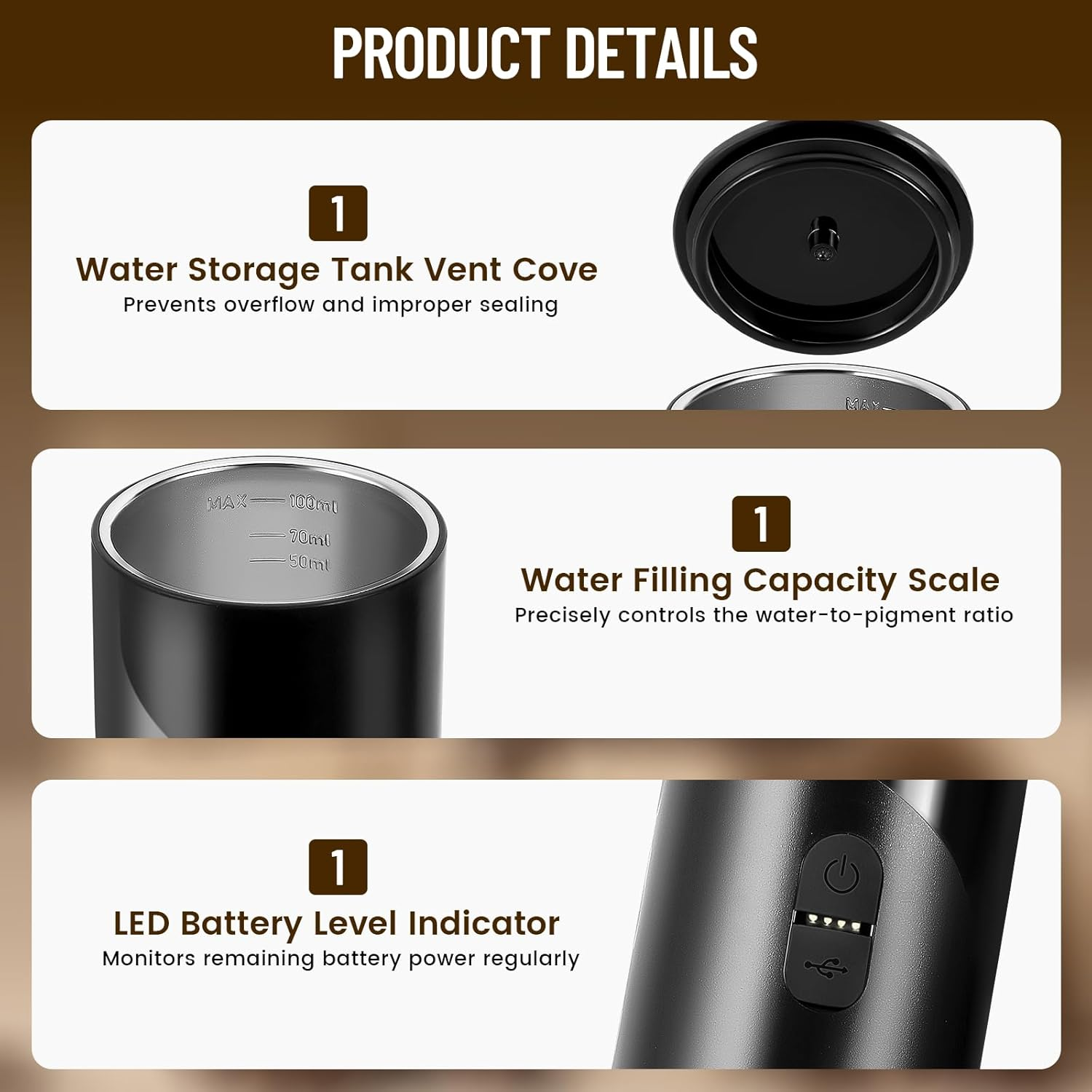 Produktdetails zeigen den Wassertankdeckel, die Füllstandsskala und die LED-Batterieanzeige.