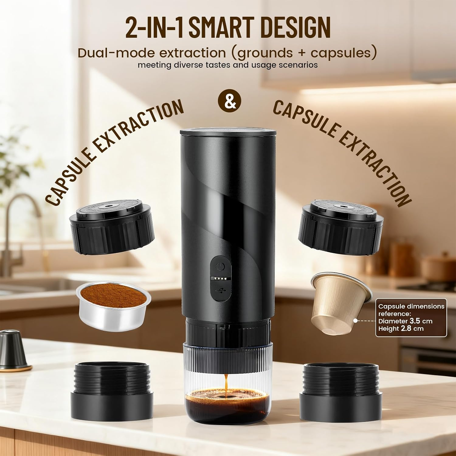 Schwarze 2-in-1-Kaffeemaschine mit abgebildeten Teilen für Kapseln und Pulver auf einer Küchentheke.