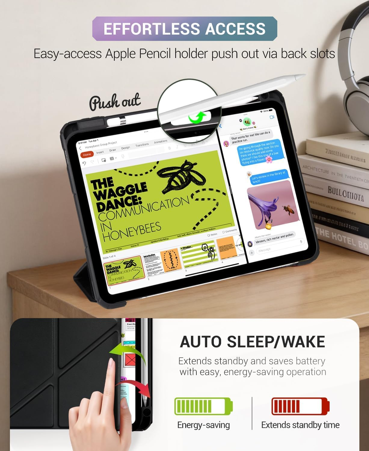 Ein Tablet mit Apple Pencil in Halterung, Stift lässt sich hinten ausschieben. Text "Auto Sleep/Wake".
