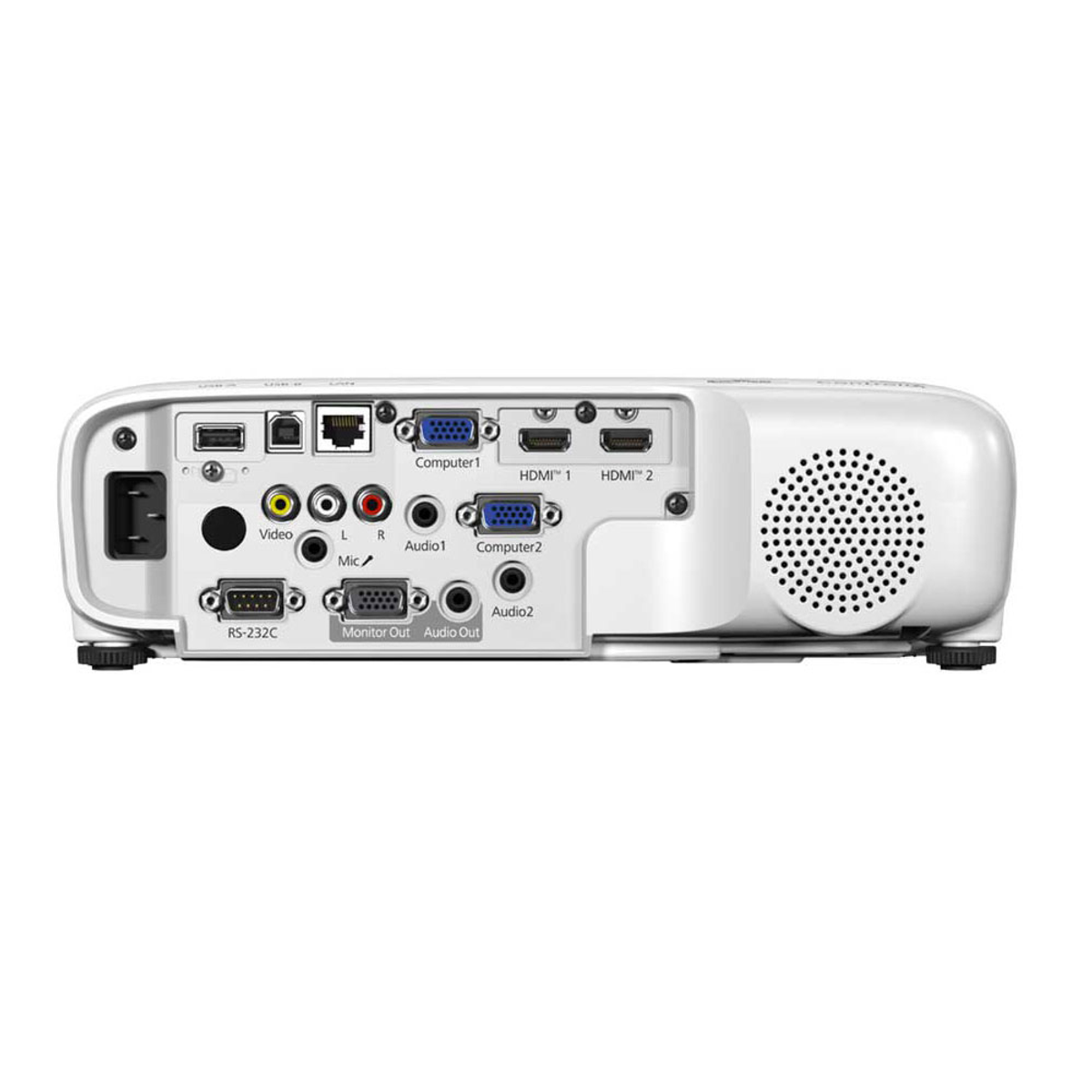 Pannello posteriore di un proiettore bianco con porte HDMI, USB, audio e VGA.