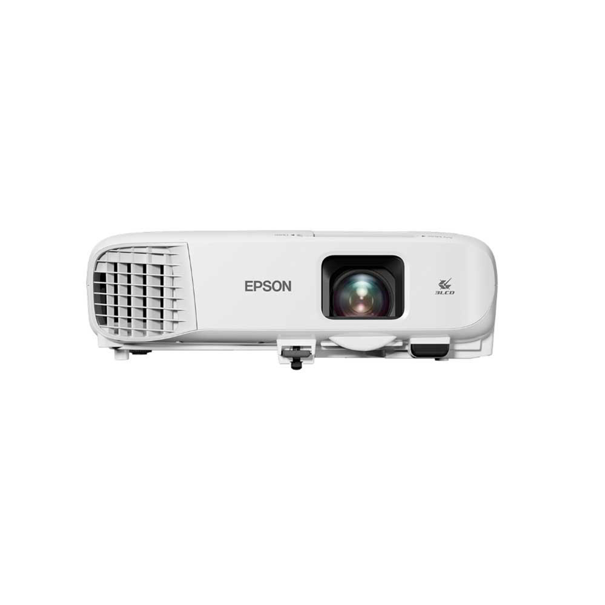 Un proiettore Epson bianco su sfondo bianco, con griglia di ventilazione e lente.