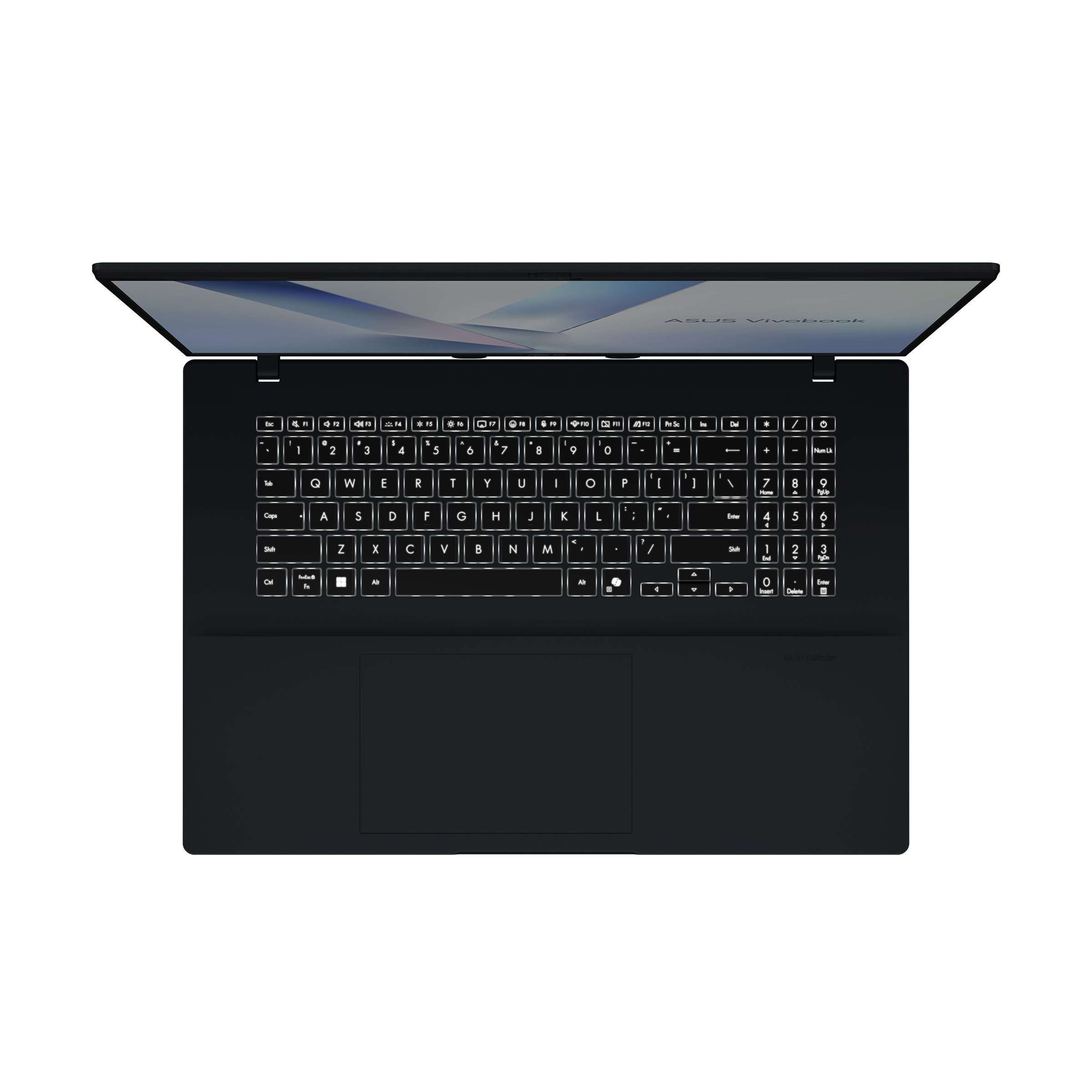 Top-down-Ansicht eines schwarzen Laptops mit beleuchteter Tastatur und Nummernblock.