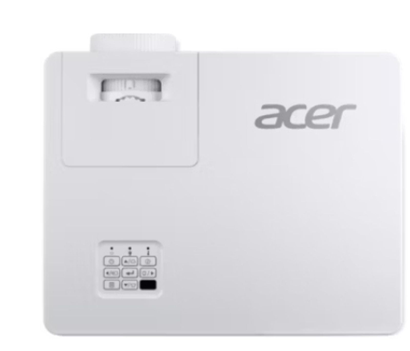 Ein weißer Acer-Projektor mit Fokusring und Tastenfeld oben auf weißem Hintergrund.