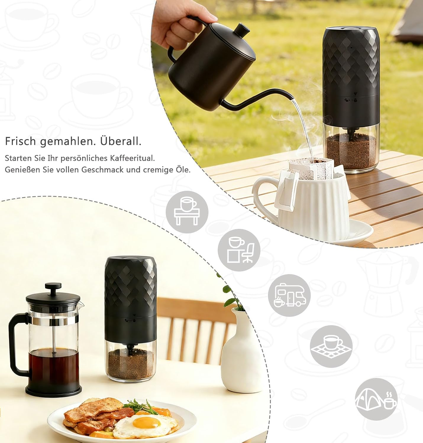 Frischer Kaffee wird im Freien mit einer tragbaren Mühle zubereitet, daneben Frühstück mit French Press.