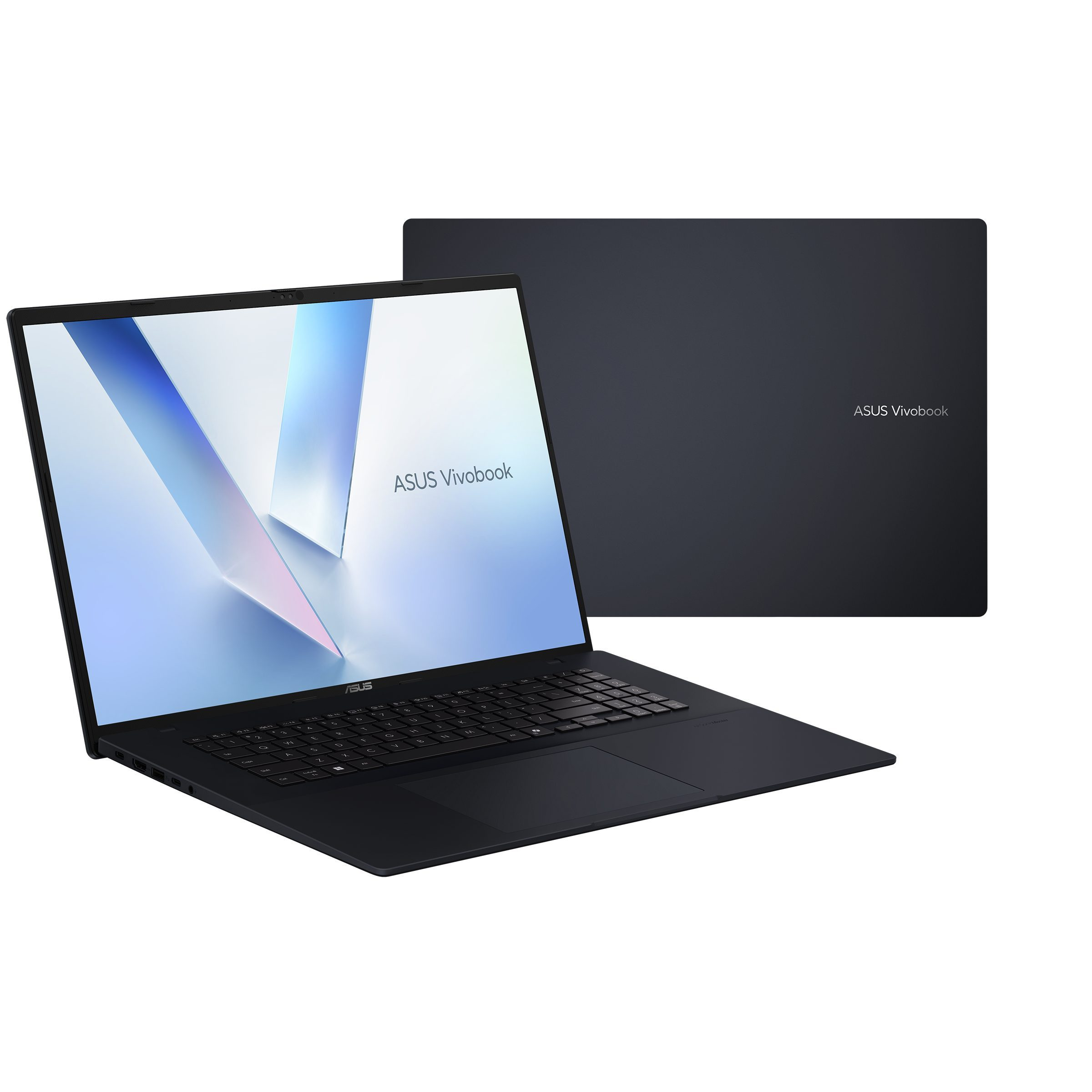 Ein offener schwarzer ASUS Vivobook Laptop im Vordergrund, dahinter ist der geschlossene Deckel zu sehen.
