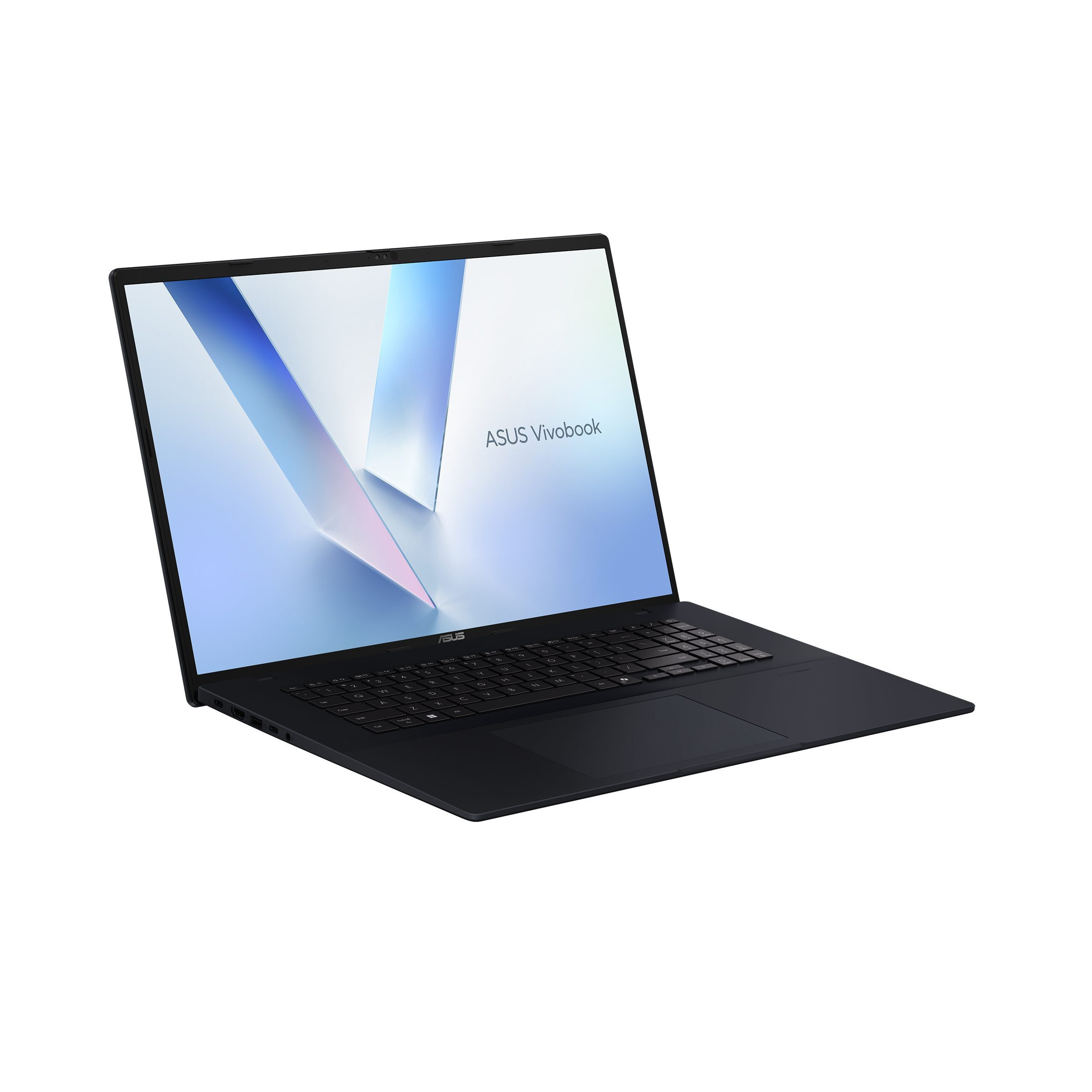 Ein schwarzer ASUS Vivobook Laptop mit blauem Bildschirm auf weißem Hintergrund.