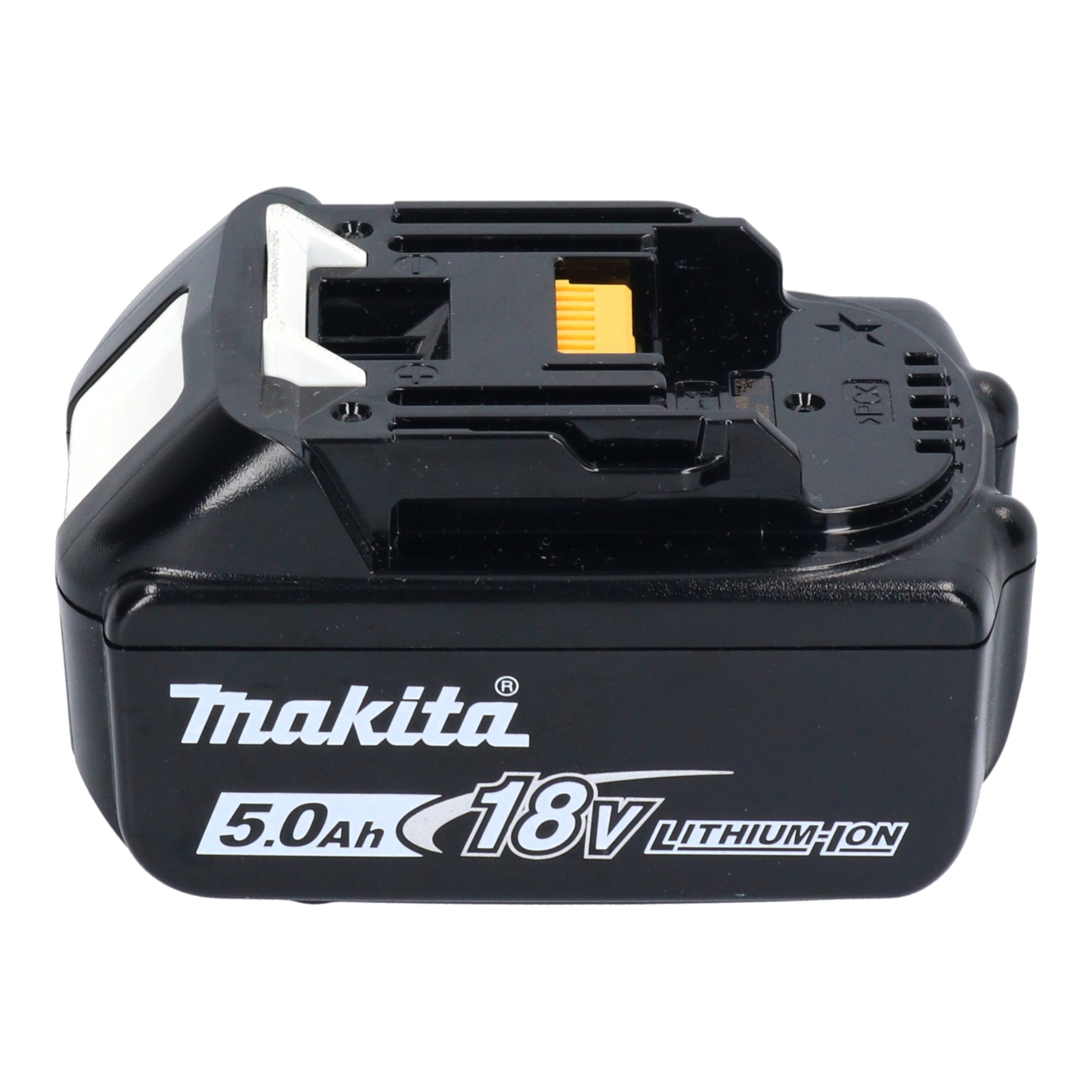 Eine schwarze Makita 18V Lithium-Ionen-Akku mit 5.0Ah auf weißem Hintergrund.