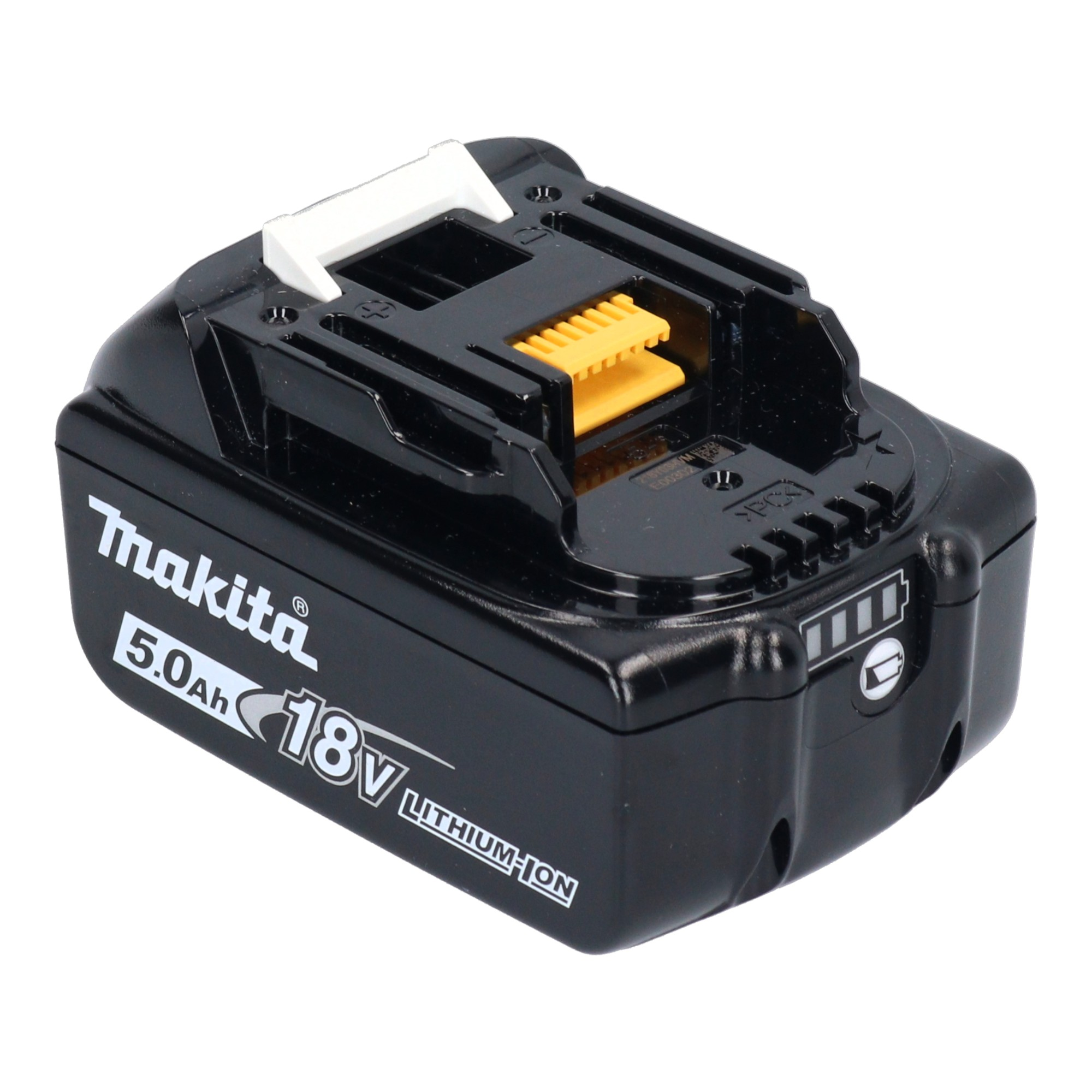 Ein schwarzer Makita 18V 5,0Ah Lithium-Ionen-Akku mit gelben Kontakten vor weißem Hintergrund.
