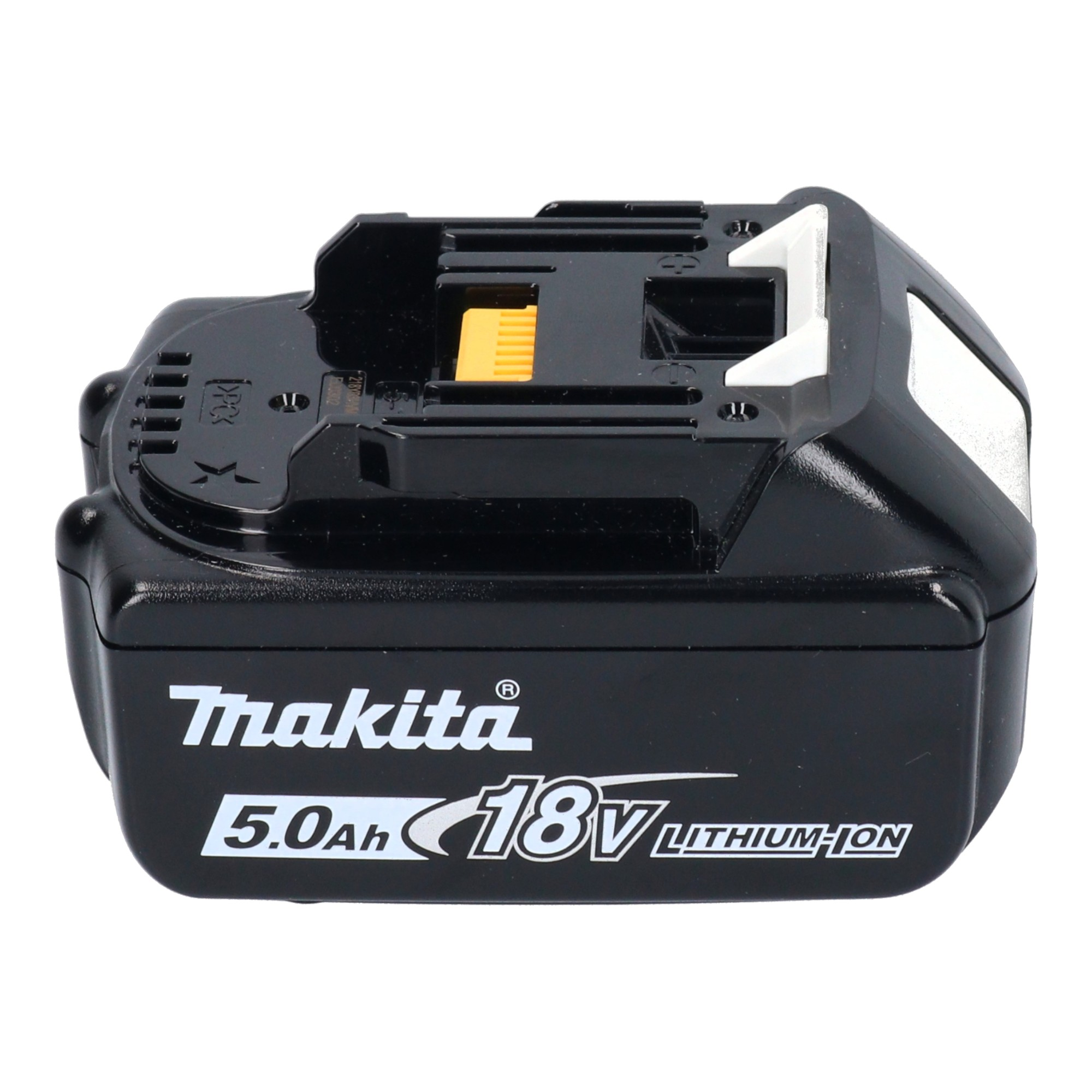 Ein schwarzer Makita 18V 5.0Ah Lithium-Ionen-Akku vor weißem Hintergrund.