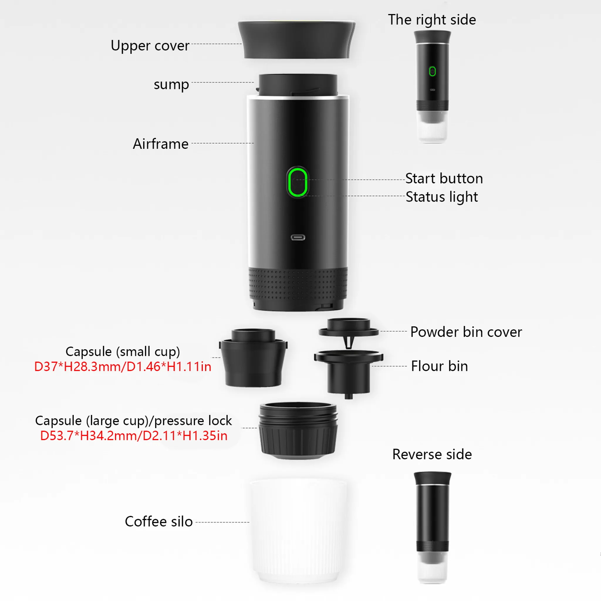 Diagramm einer tragbaren Kaffeemaschine mit beschrifteten Teilen wie Abdeckung, Behälter und Starttaste.