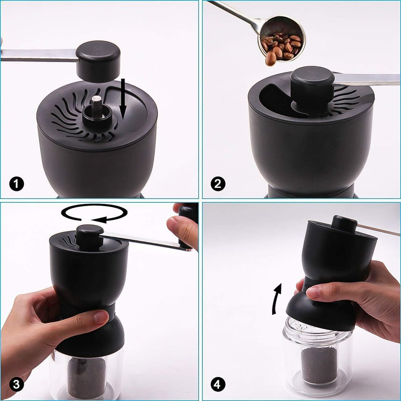 Vier Schritte zeigen die Nutzung einer schwarzen Kaffeemühle: Vorbereitung, Bohnen einfüllen, Mahlen und Auffangen.