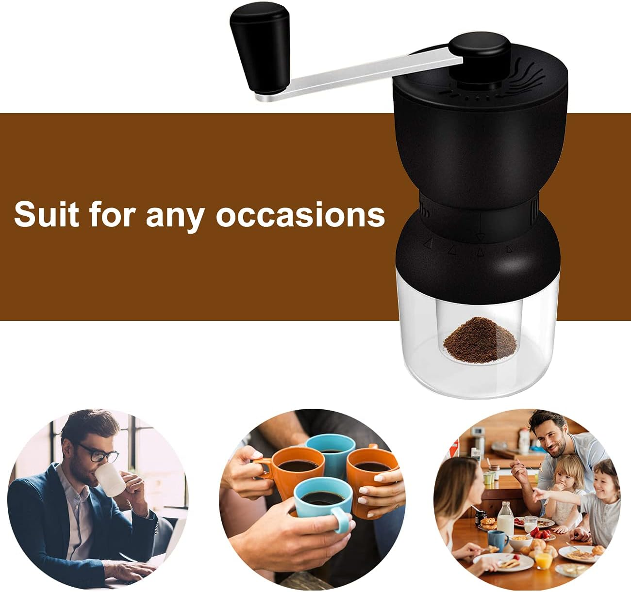 Schwarze Kaffeemühle mit Handkurbel über Bildern von Menschen beim Kaffeetrinken.