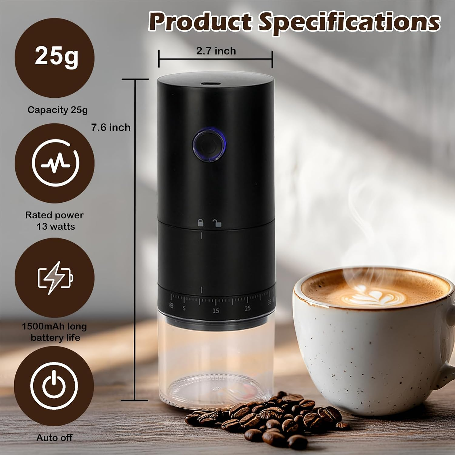 Schwarze Kaffeemühle mit Spezifikationen, Kaffeetasse und Bohnen auf Holz.
