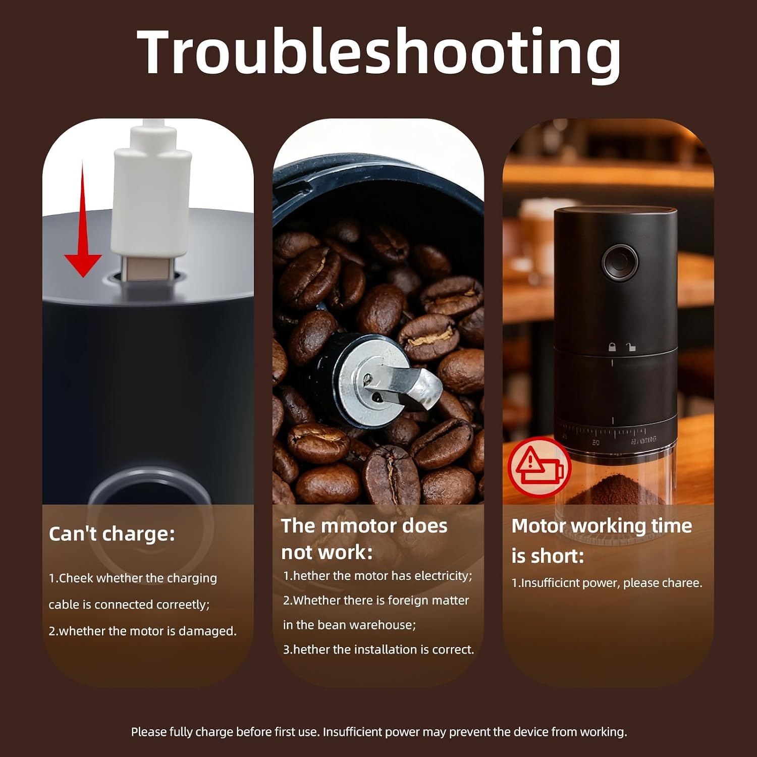 Fehlerbehebung für eine Kaffeemühle mit Tipps zum Laden, Motorproblemen und kurzer Arbeitszeit.