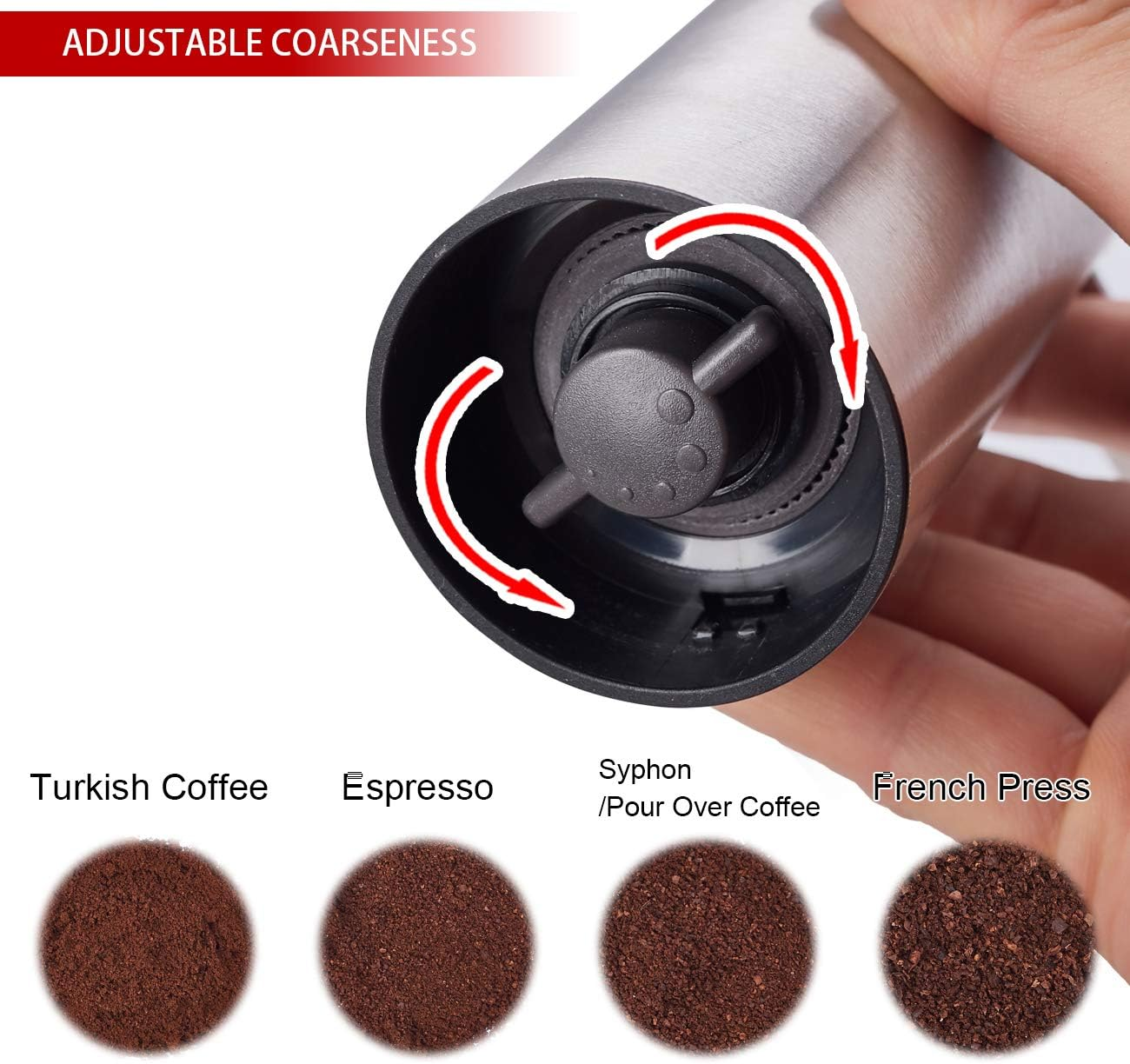 Handkaffeemühle mit einstellbarem Mahlgrad für verschiedene Kaffeesorten unten abgebildet.