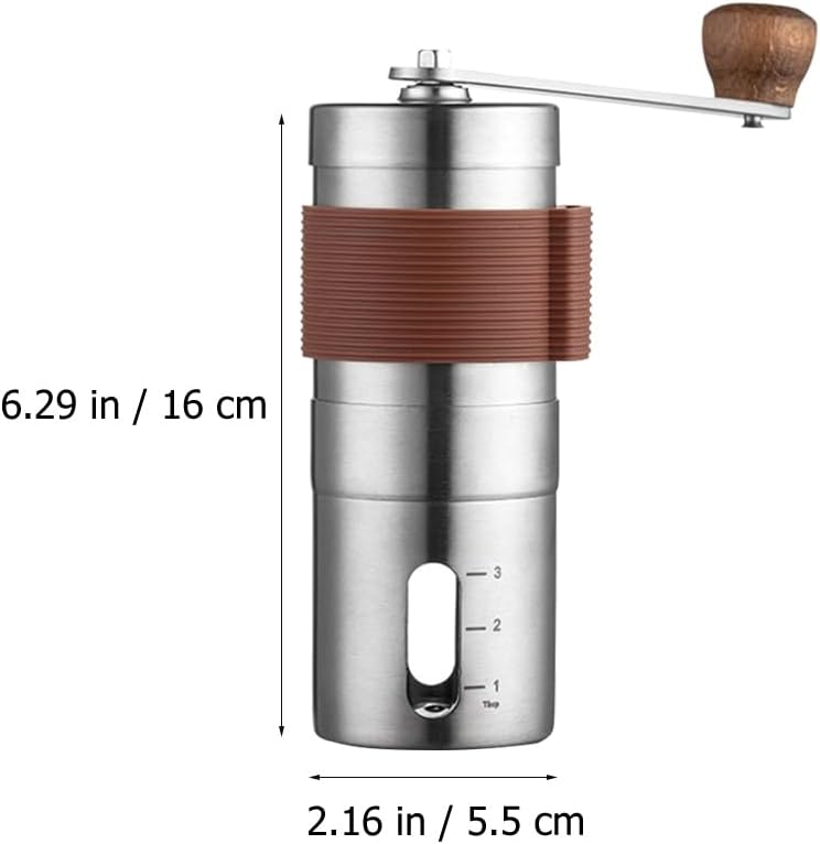 Eine Handkaffemühle aus Edelstahl mit Maßen von 6,29 Zoll Höhe und 2,16 Zoll Durchmesser.