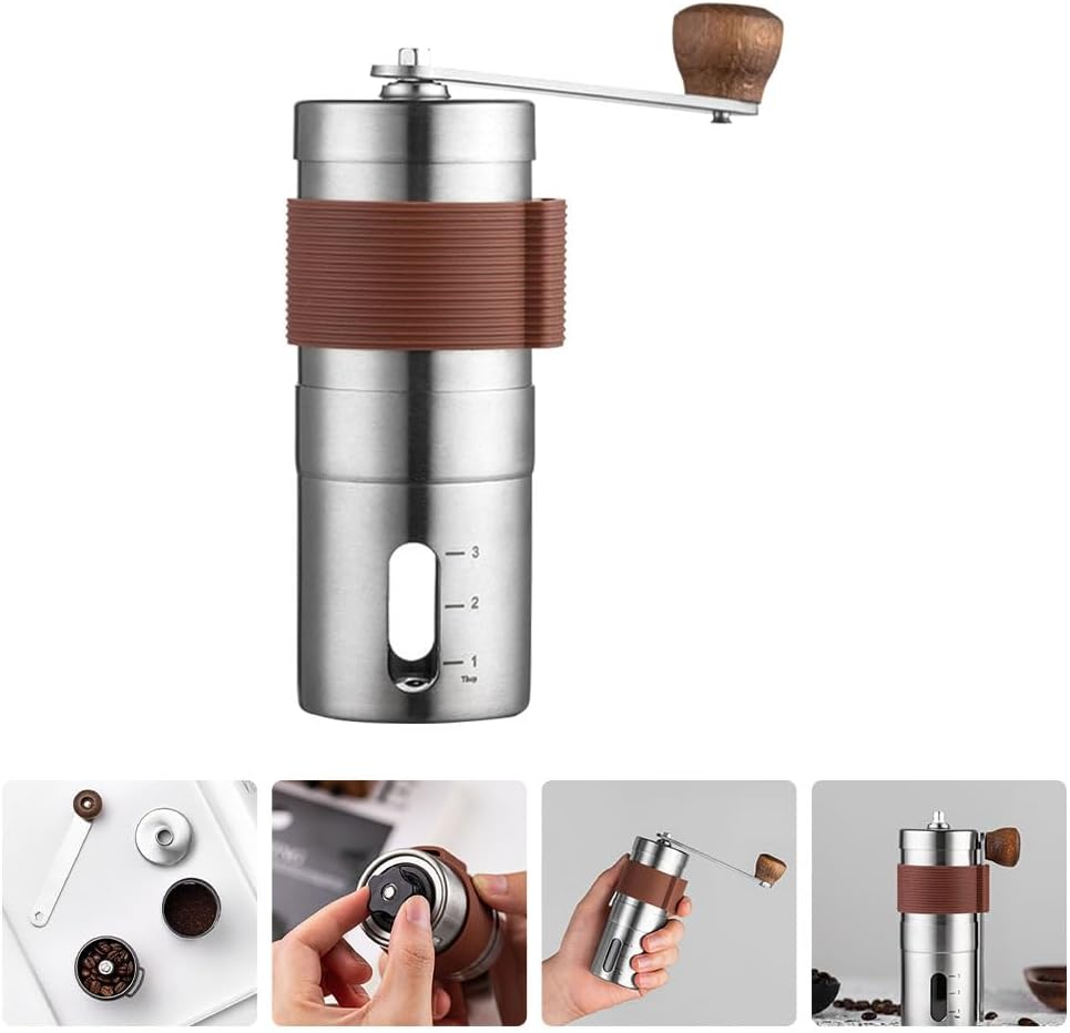 Eine Handkaffeemühle aus Edelstahl mit Holzkurbel und vier Detailbildern.