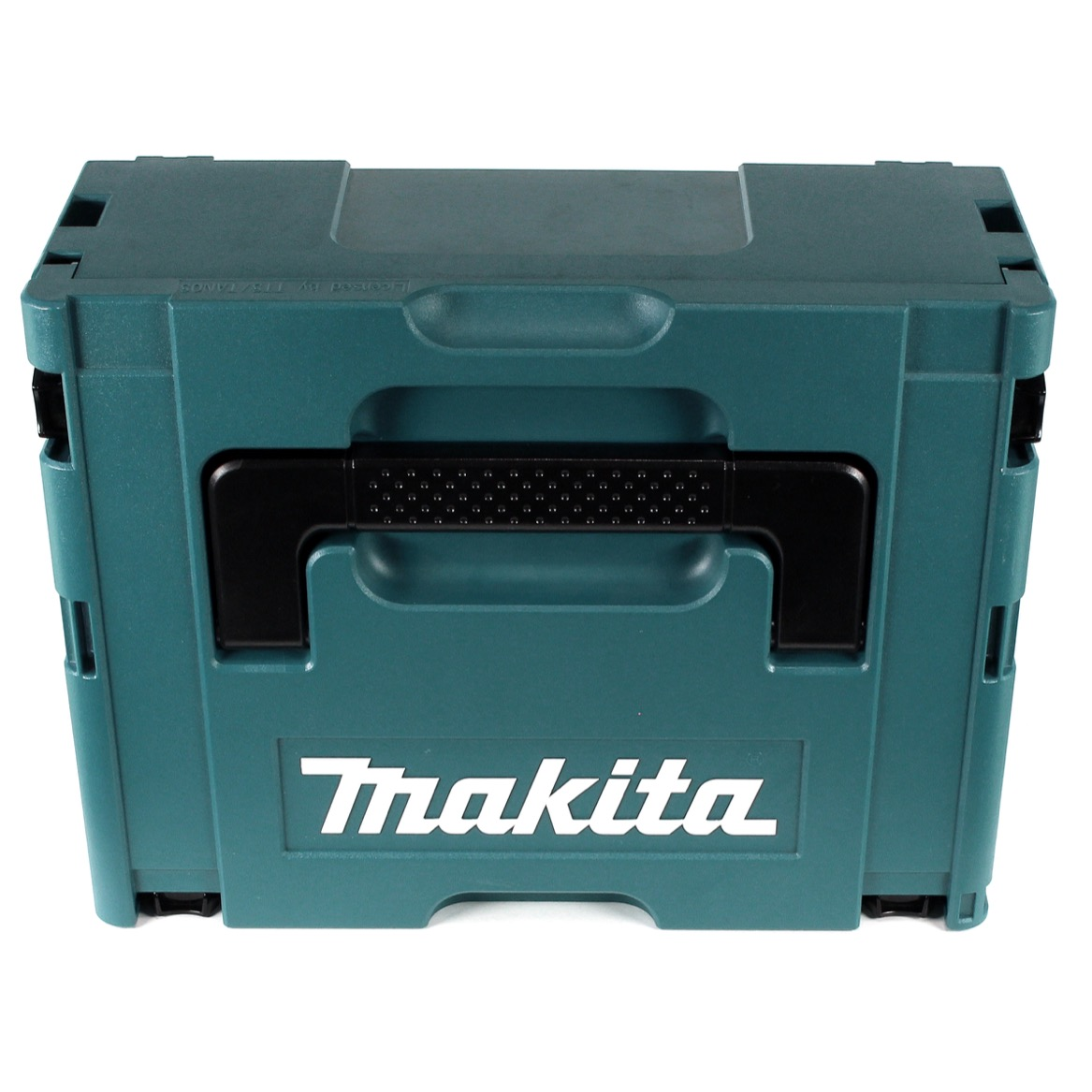 Ein türkisfarbener Makita-Werkzeugkasten mit schwarzem Griff und weißem Logo auf weißem Hintergrund.