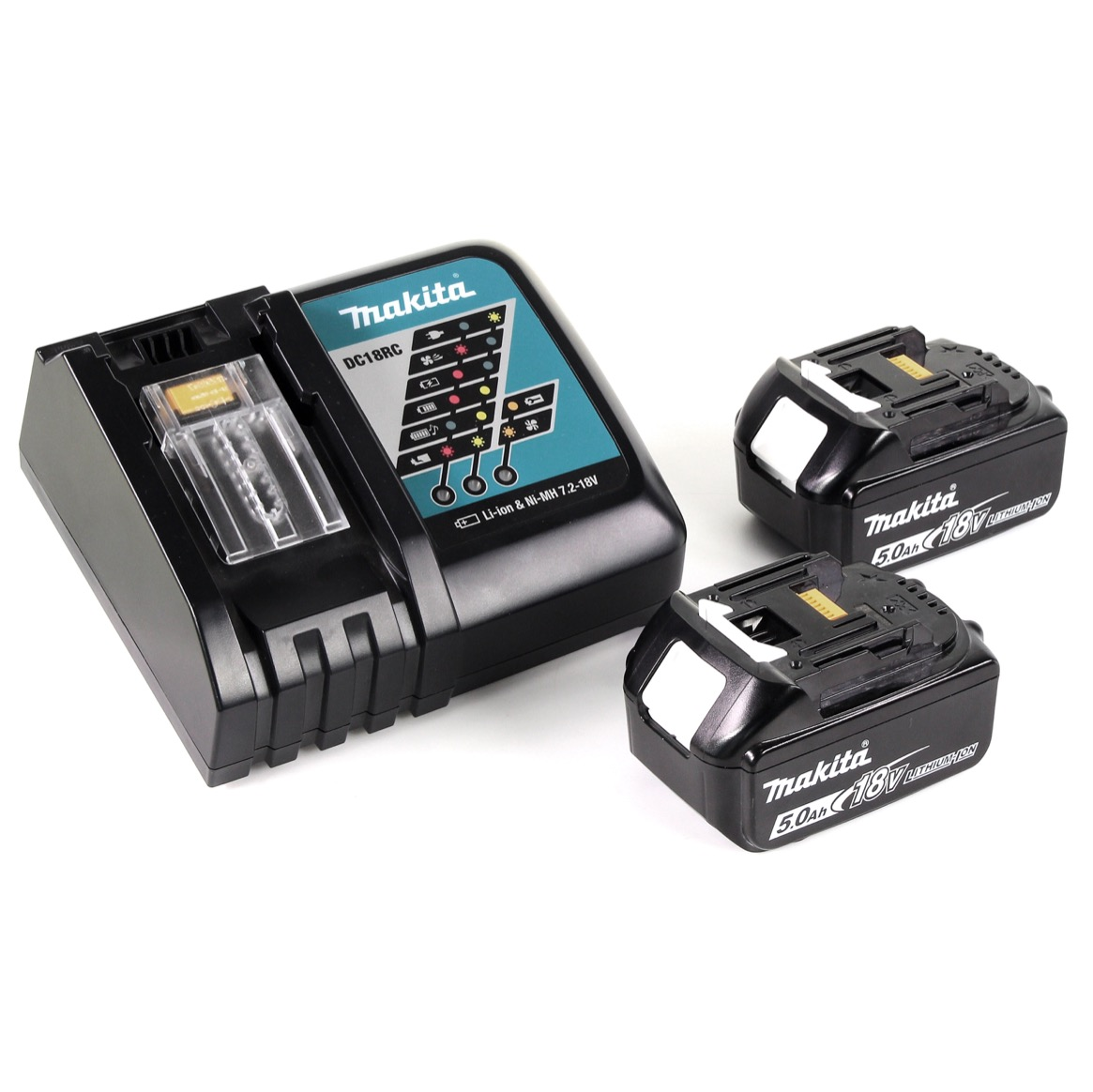 Ein schwarzes Makita-Ladegerät mit zwei 18V-Lithium-Ionen-Akkus vor weißem Hintergrund.