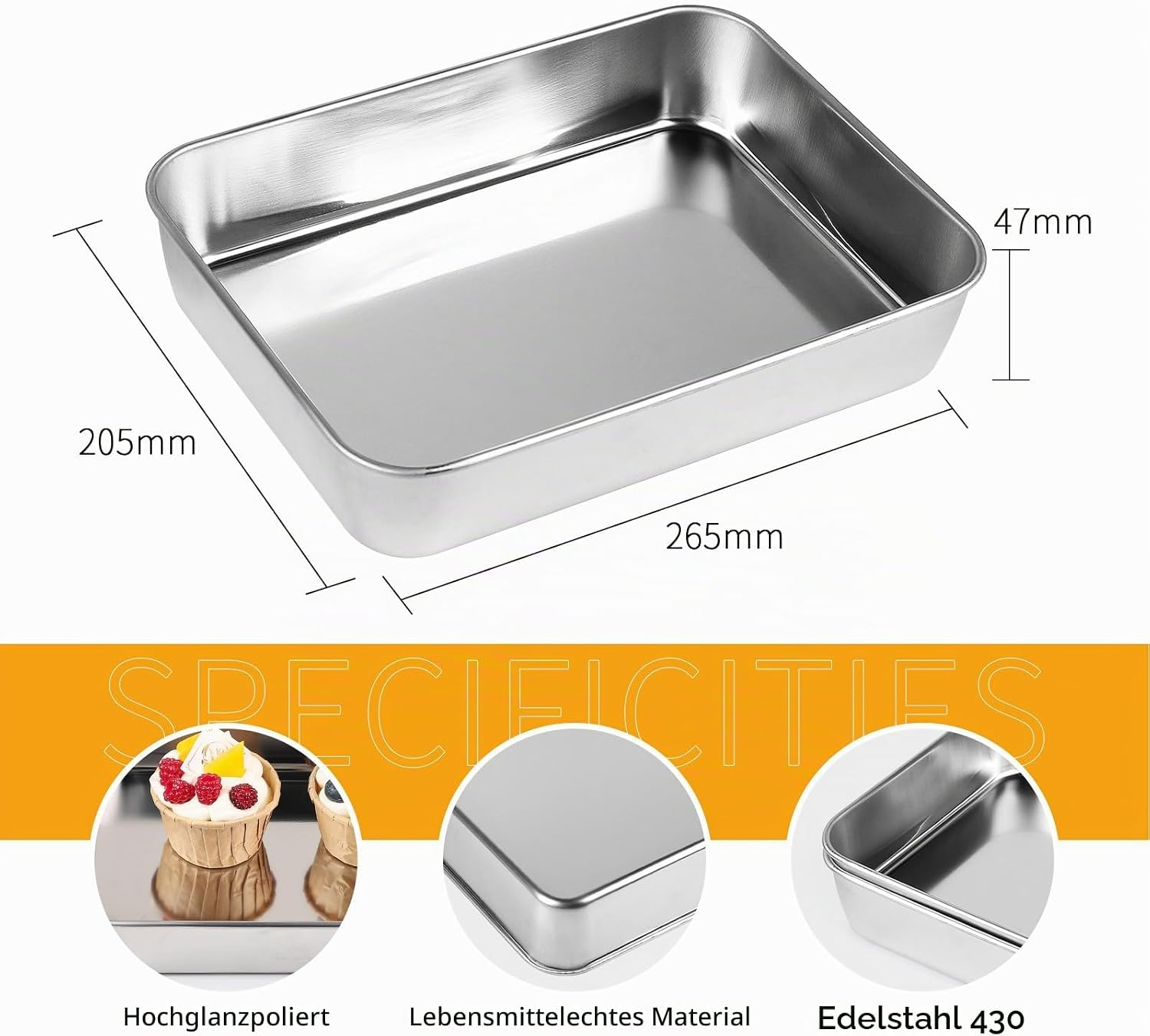 Edelstahl-Backform mit Maßen 265x205x47mm und drei runden Detailausschnitten unten.