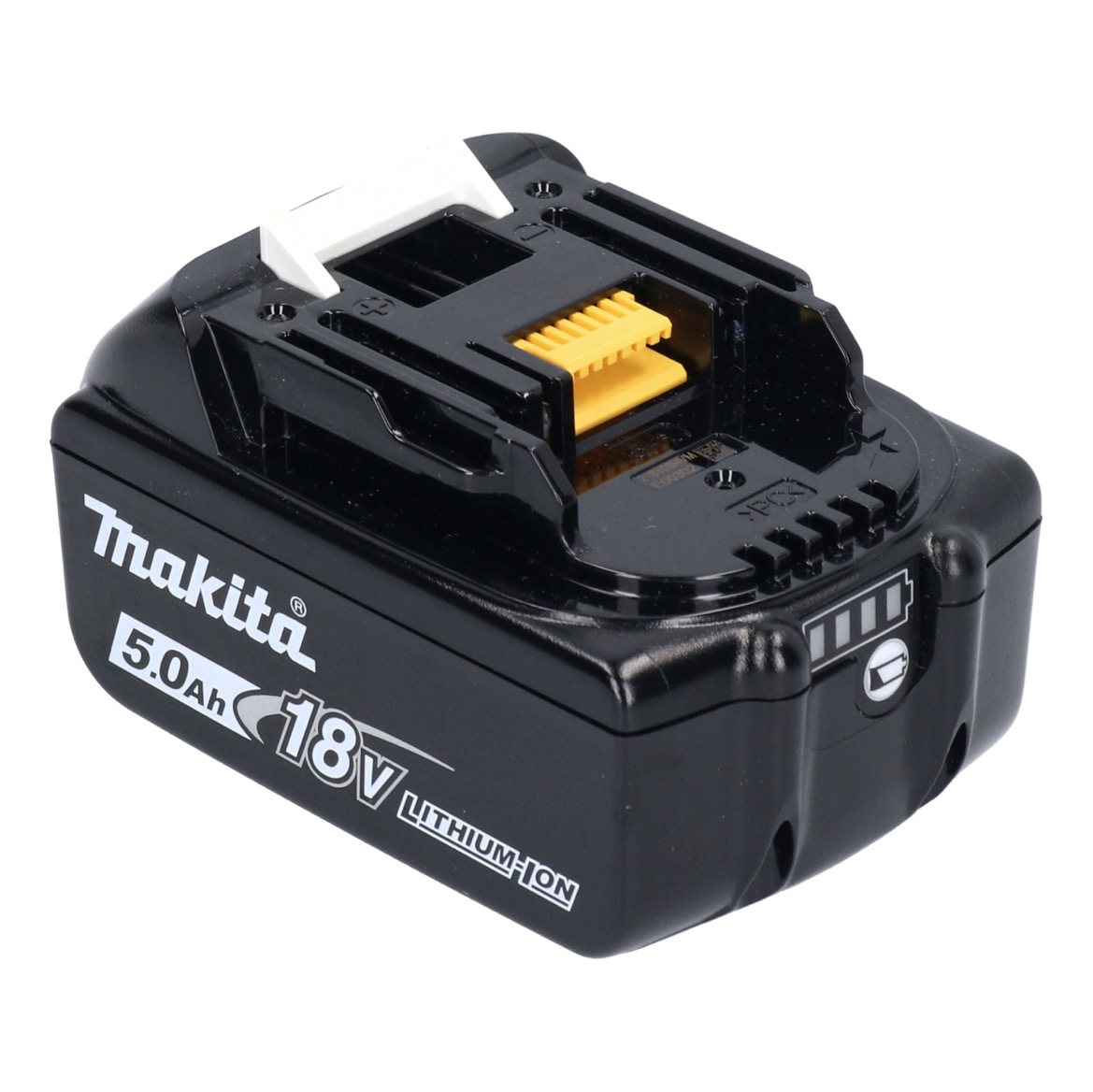 Eine schwarze Makita 18V 5.0Ah Lithium-Ionen-Akkubatterie auf weißem Hintergrund.