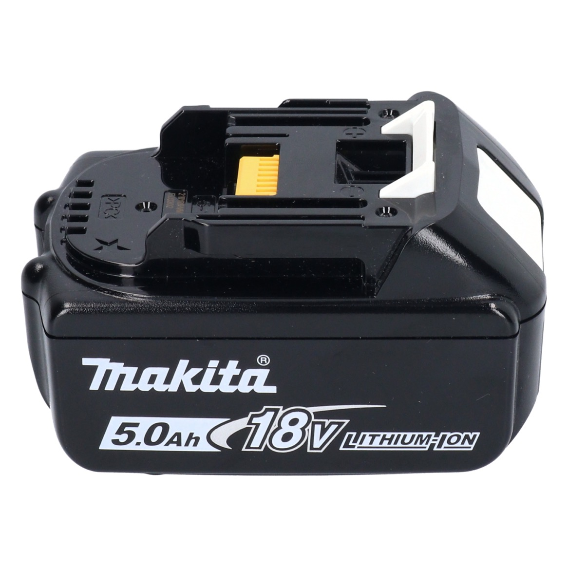 Schwarzer Makita 18V 5.0Ah Lithium-Ionen-Akkukomponenten auf weißem Hintergrund.