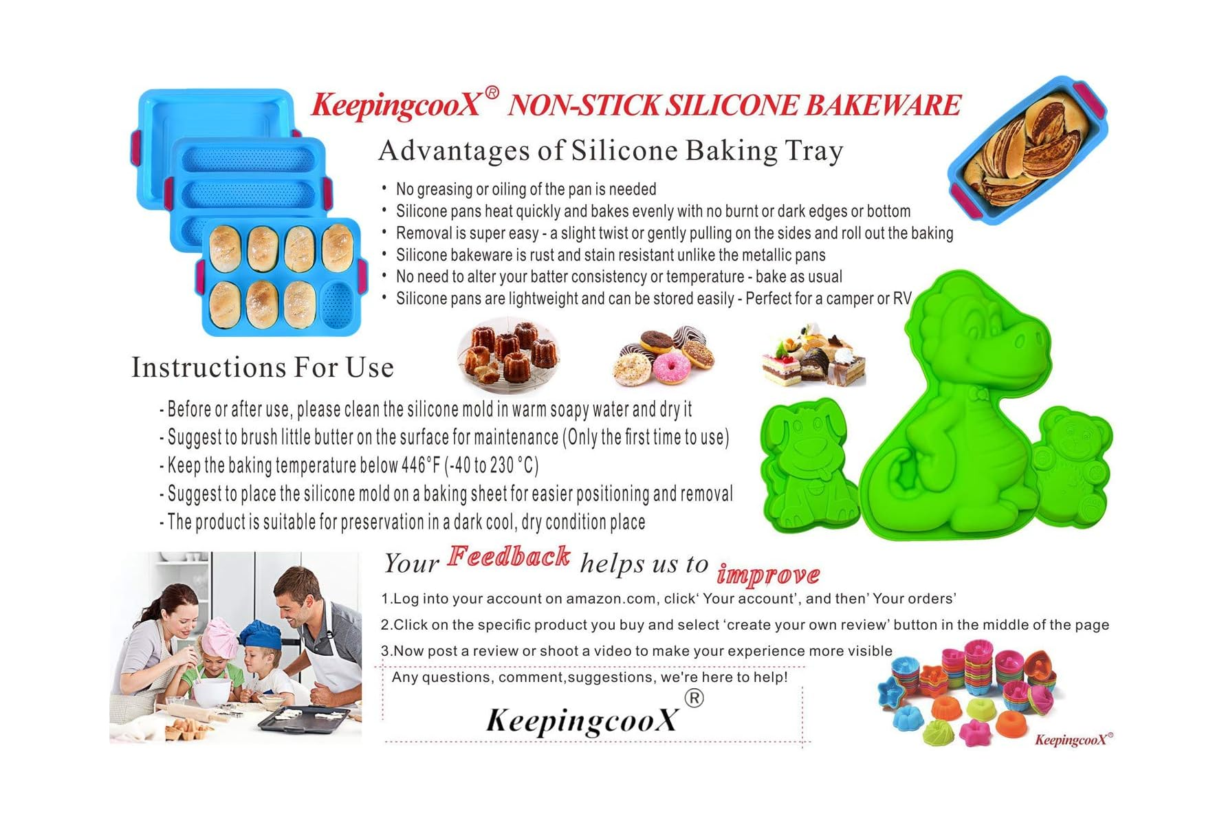 Ein Produktplakat mit Silikonbackformen, Vorteilen, Gebrauchsanweisungen und Kundenfeedback-Schritten.