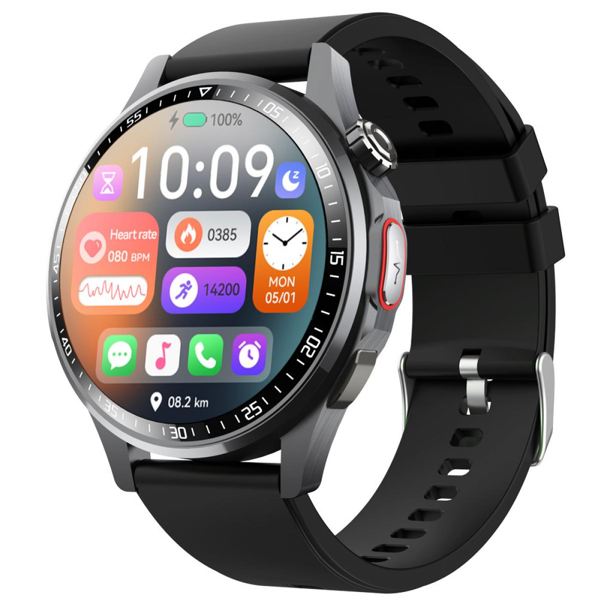 Eine runde Smartwatch mit schwarzem Armband und digitalem Zifferblatt zeigt Fitnessdaten und Symbole an.