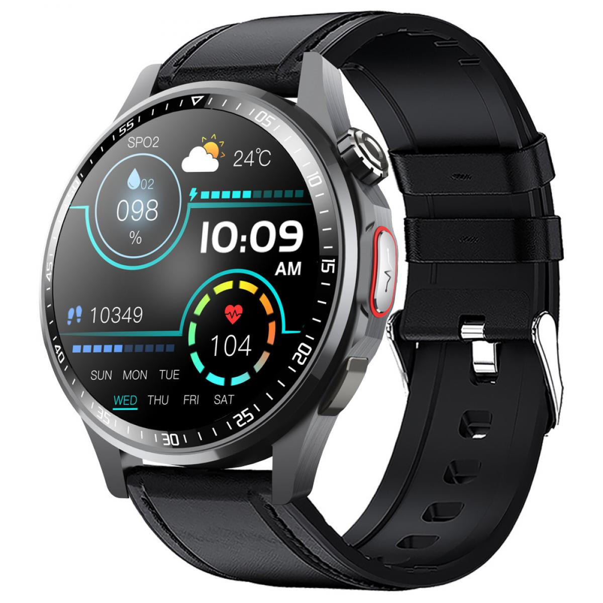 Eine schwarze Smartwatch mit rundem Display, das Zeit, Herzfrequenz, Wetter und Schrittzahl anzeigt.