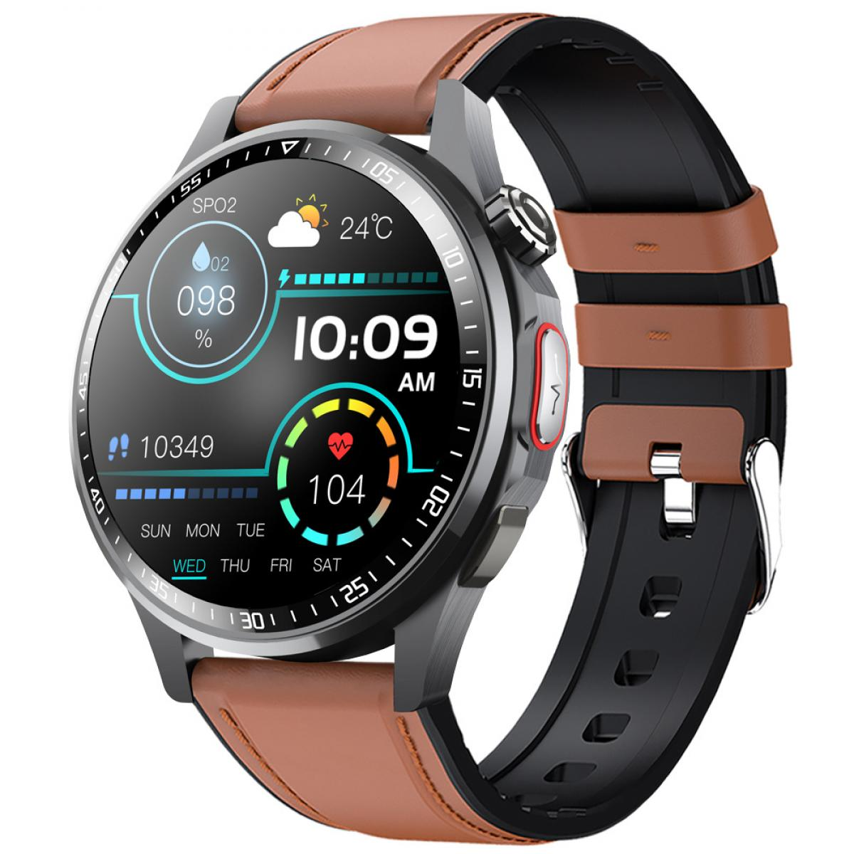 Eine runde Smartwatch mit schwarzem Zifferblatt, digitaler Anzeige und braun-schwarzem Lederarmband.