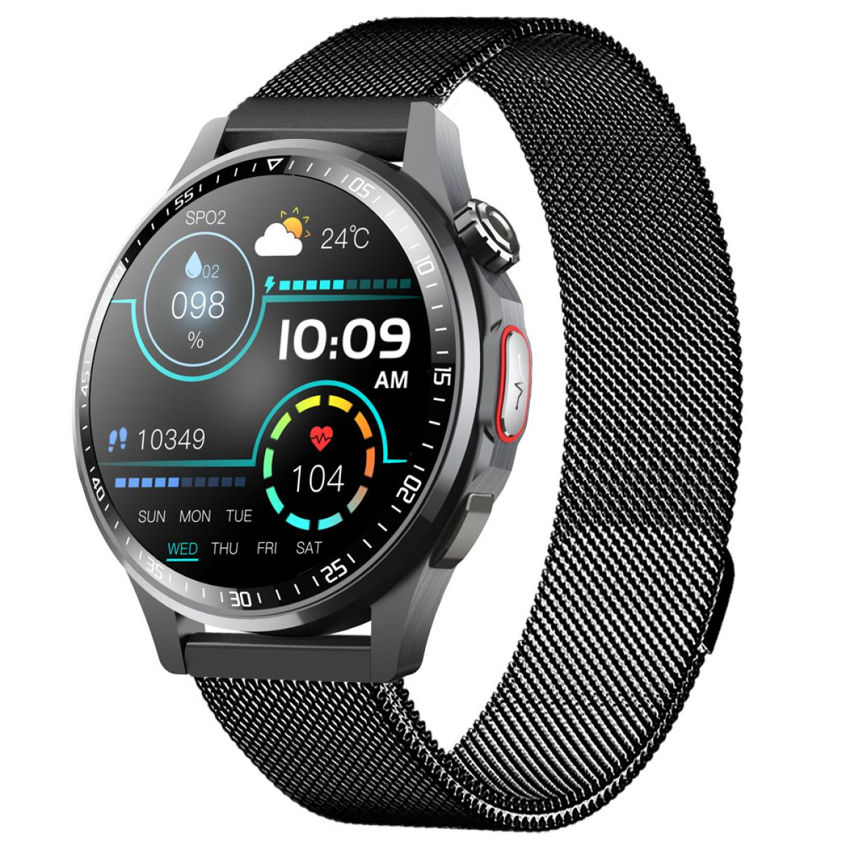 Eine schwarze Smartwatch mit rundem Display, Metallgehäuse und schwarzem Mesh-Armband zeigt Wetter, Puls und Zeit an.
