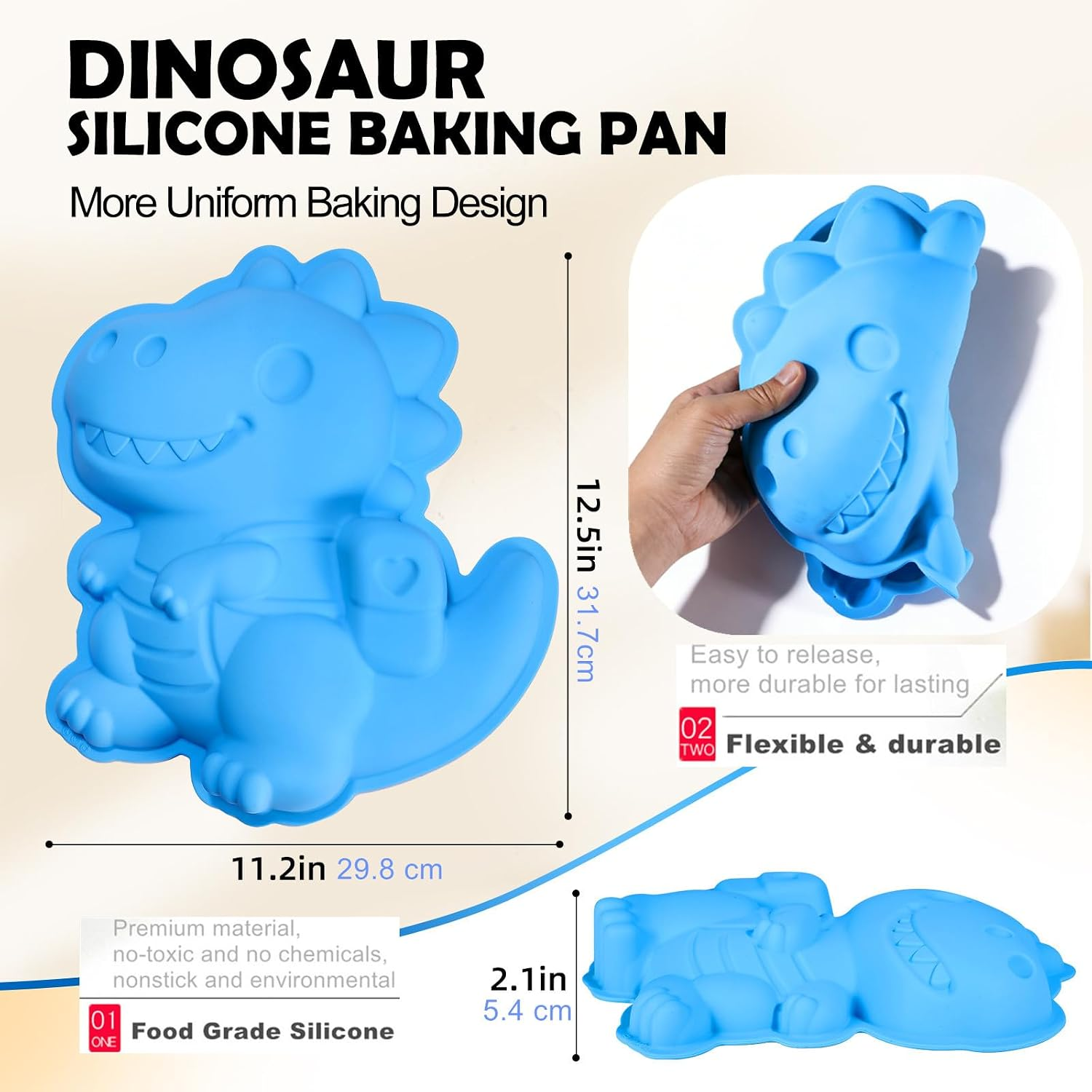 Blaue Dinosaurier-Silikonbackform mit Maßen und Flexibilitätsdetails.